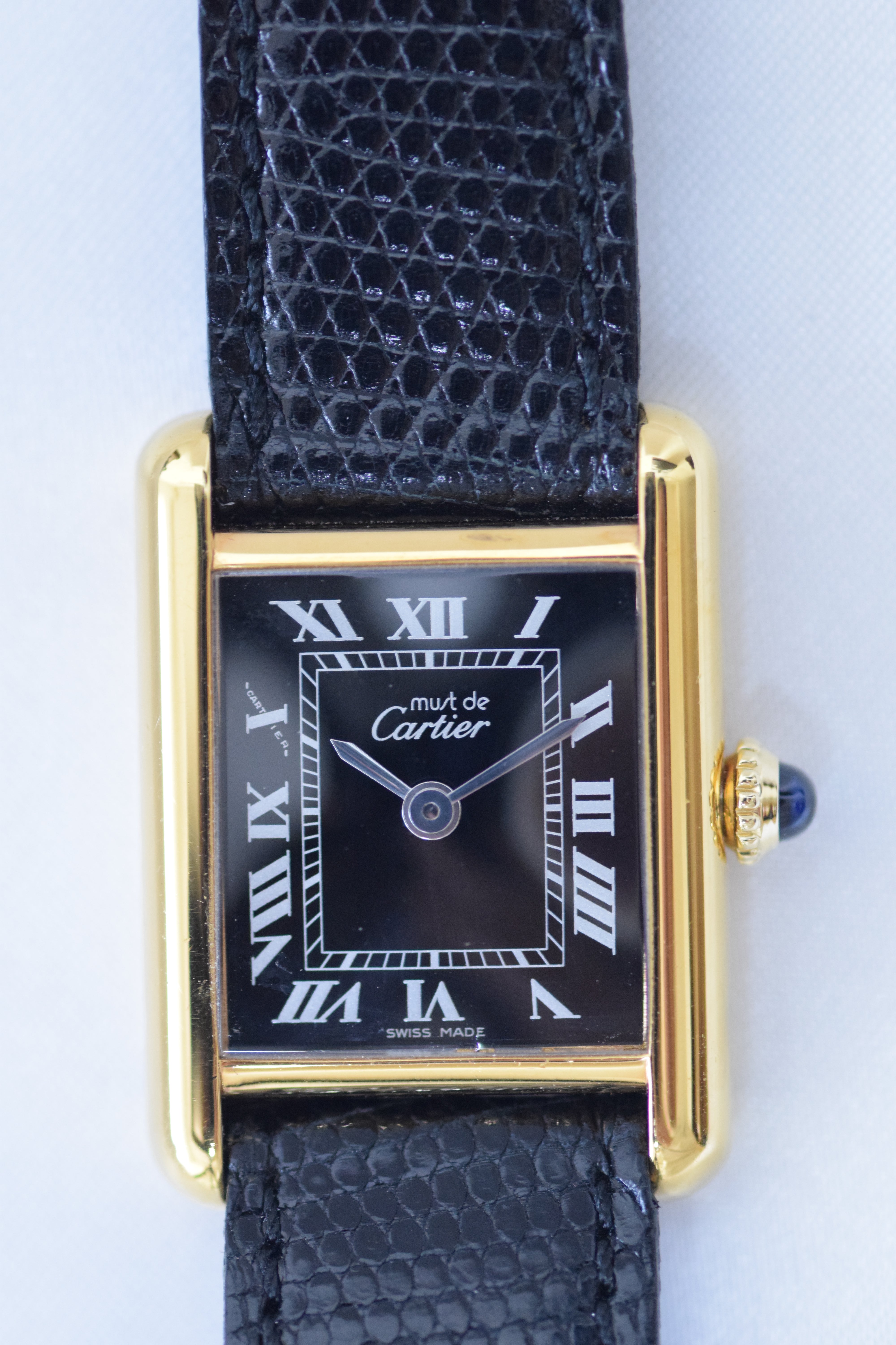 Must de Cartier Tank Ladies Vintage Watch Black SM Size Hand-wound Pure Silver with 18K Vermeil