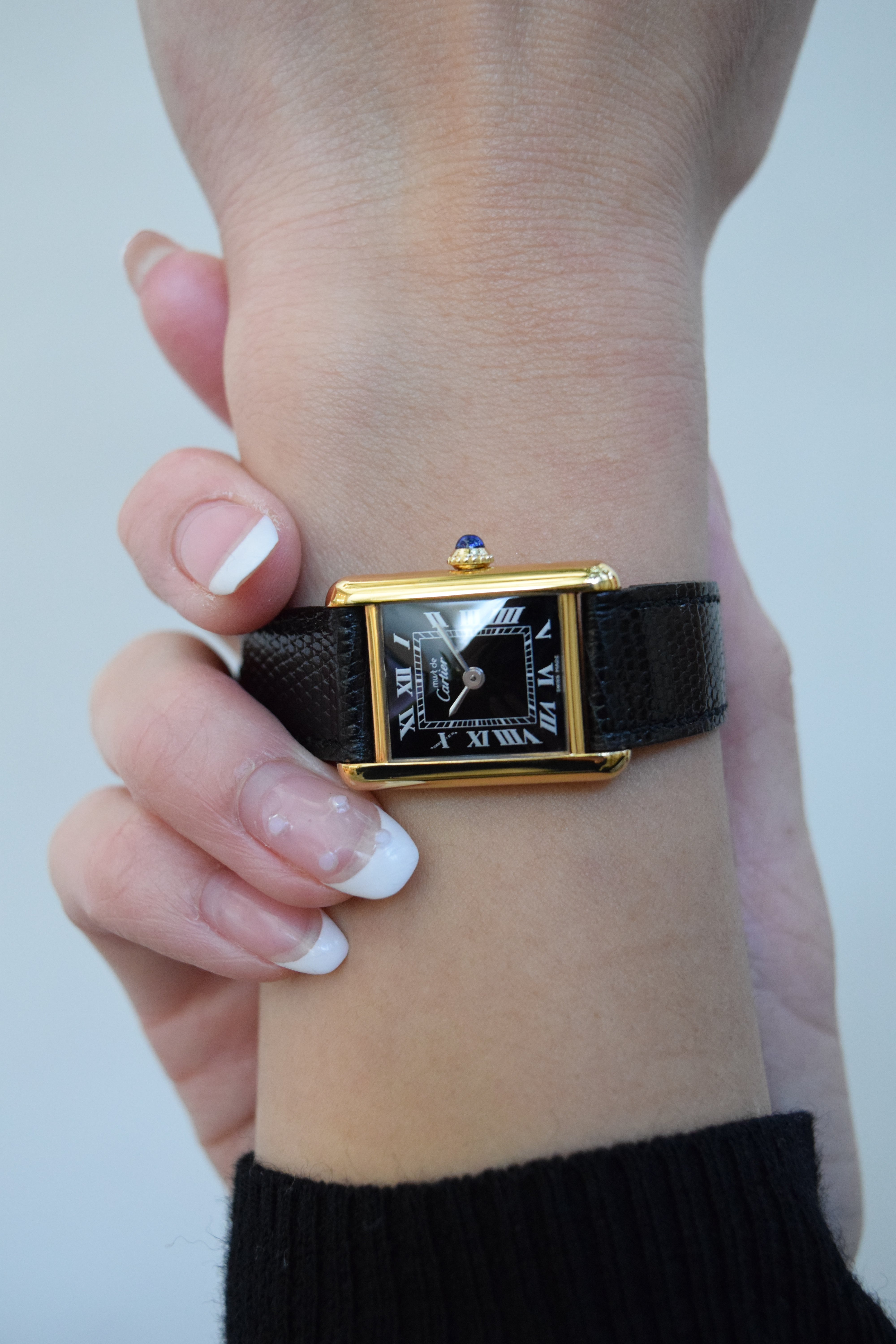 Must de Cartier Tank Ladies Vintage Watch Black SM Size Hand-wound Pure Silver with 18K Vermeil