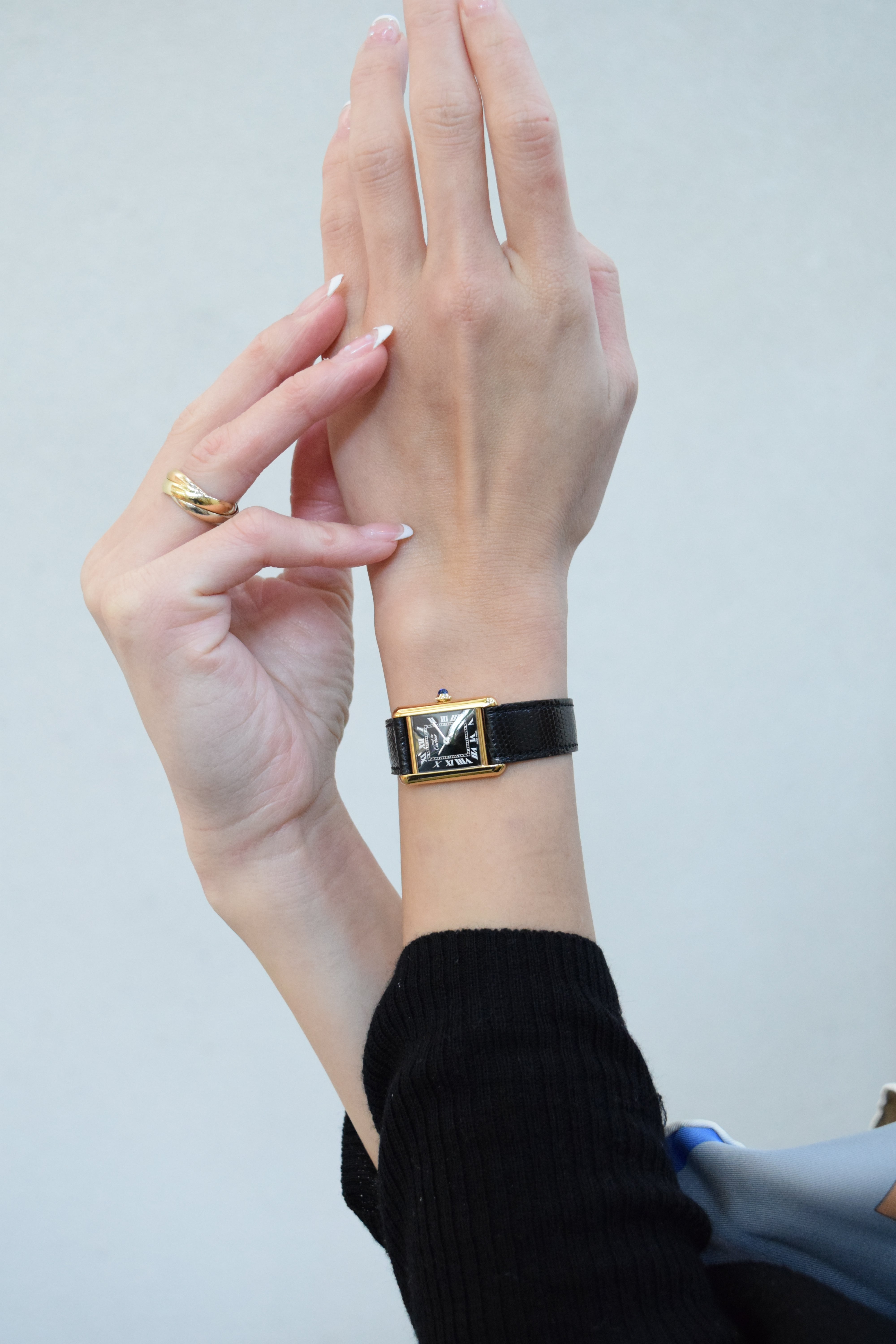 Must de Cartier Tank Ladies Vintage Watch Black SM Size Hand-wound Pure Silver with 18K Vermeil