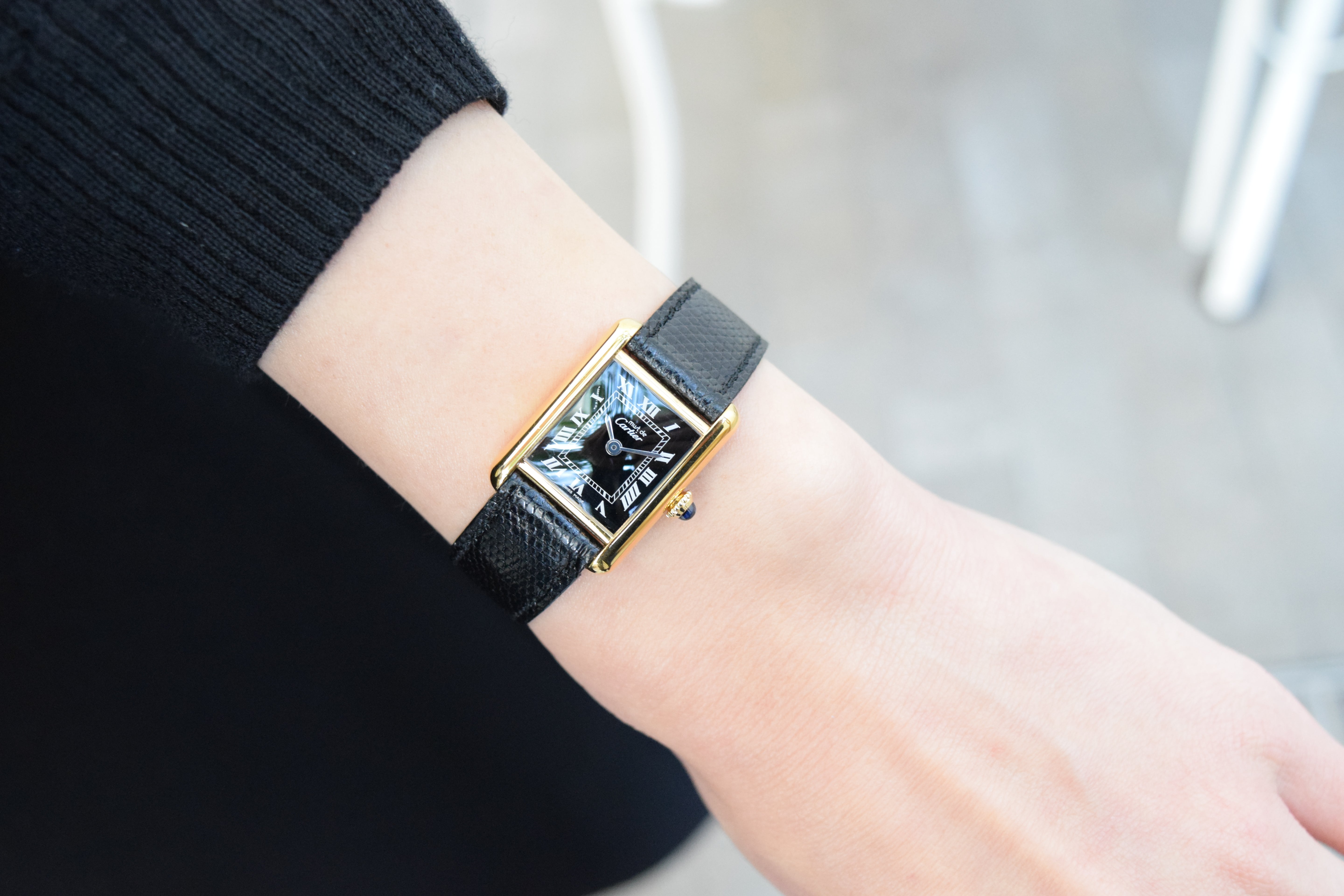 Must de Cartier Tank Ladies Vintage Watch Black SM Size Hand-wound Pure Silver with 18K Vermeil