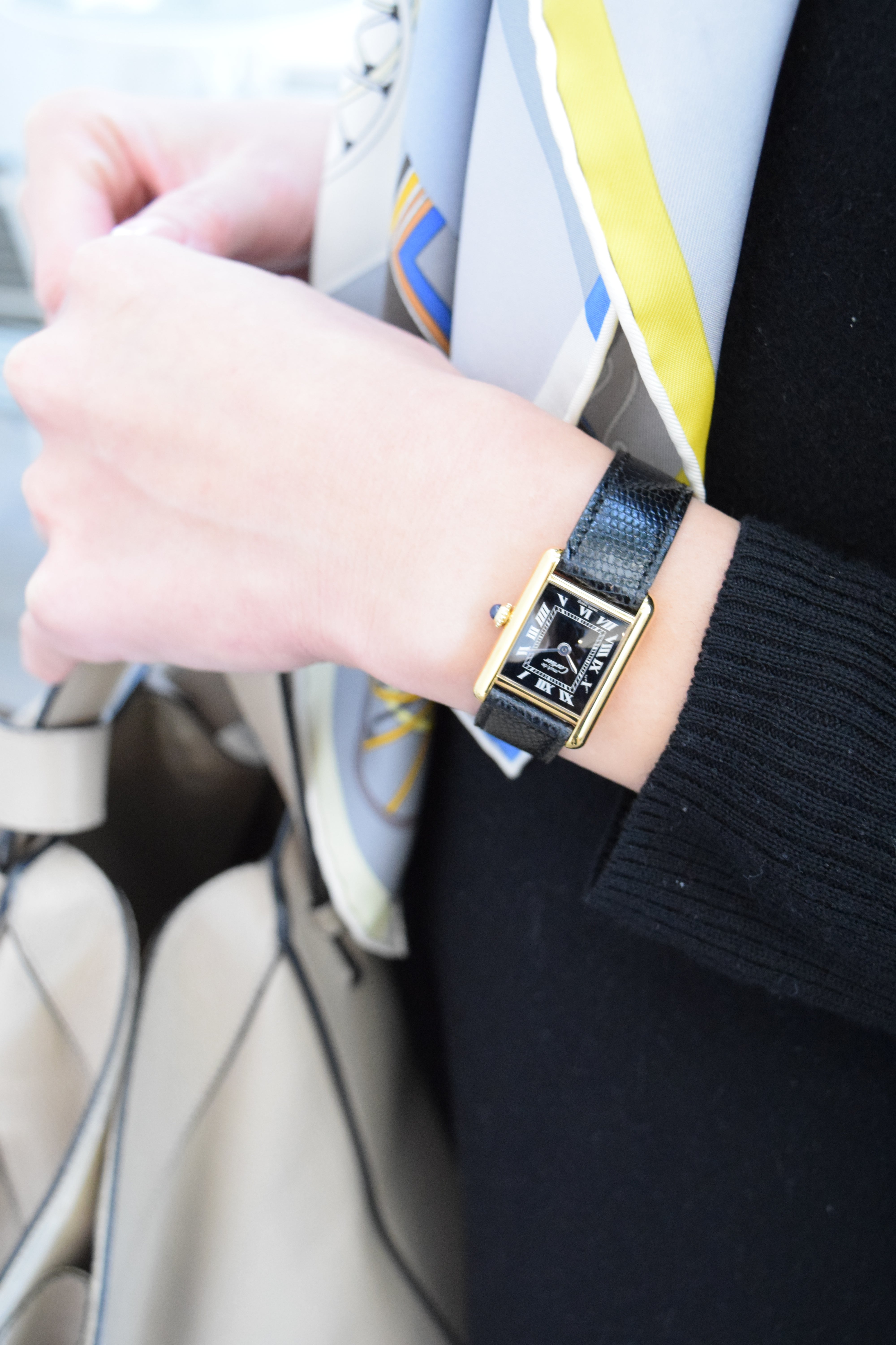 Must de Cartier Tank Ladies Vintage Watch Black SM Size Hand-wound Pure Silver with 18K Vermeil