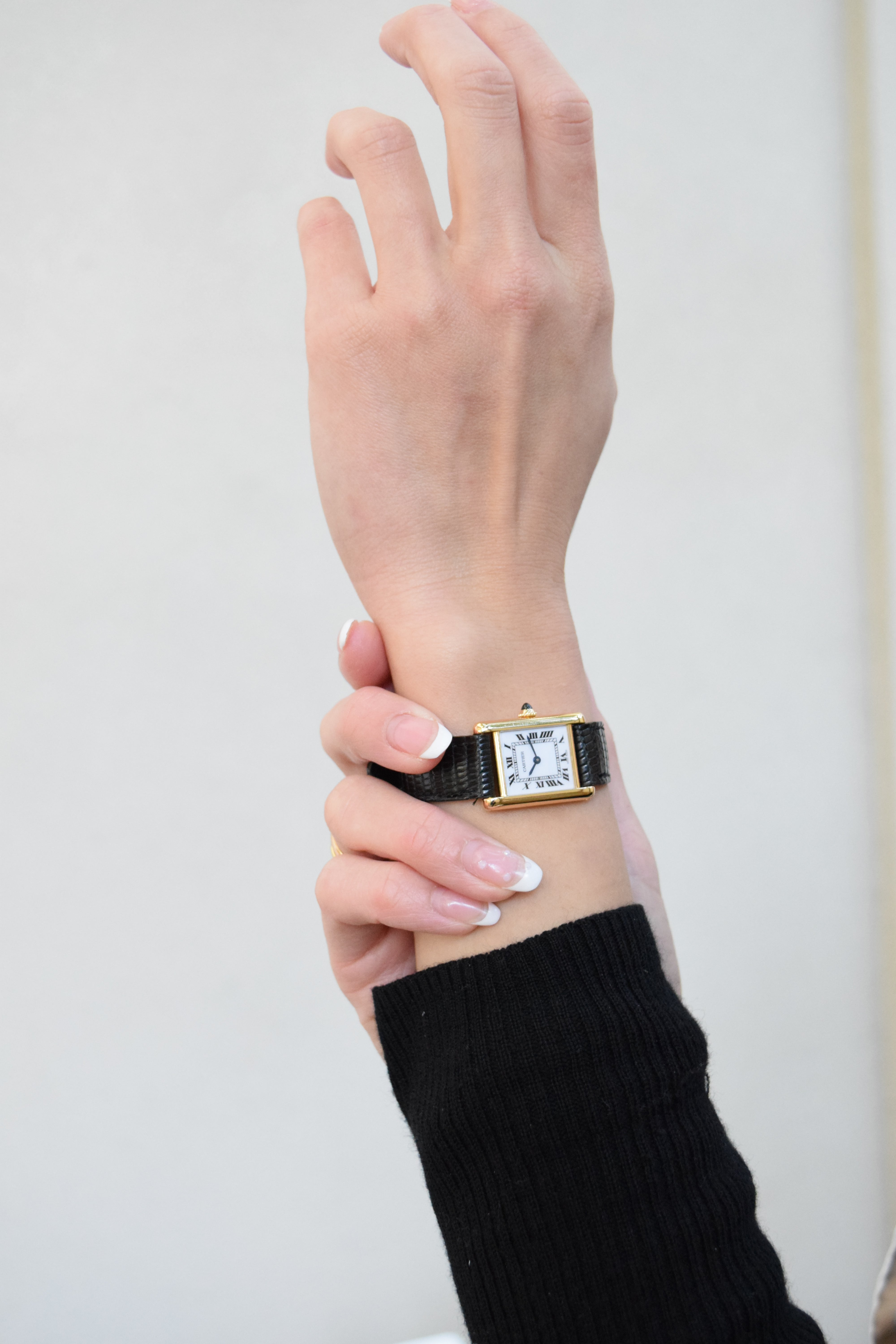 Must de Cartier Tank Ladies Vintage Watch Black SM Size Hand-wound Pure Silver with 18K Vermeil