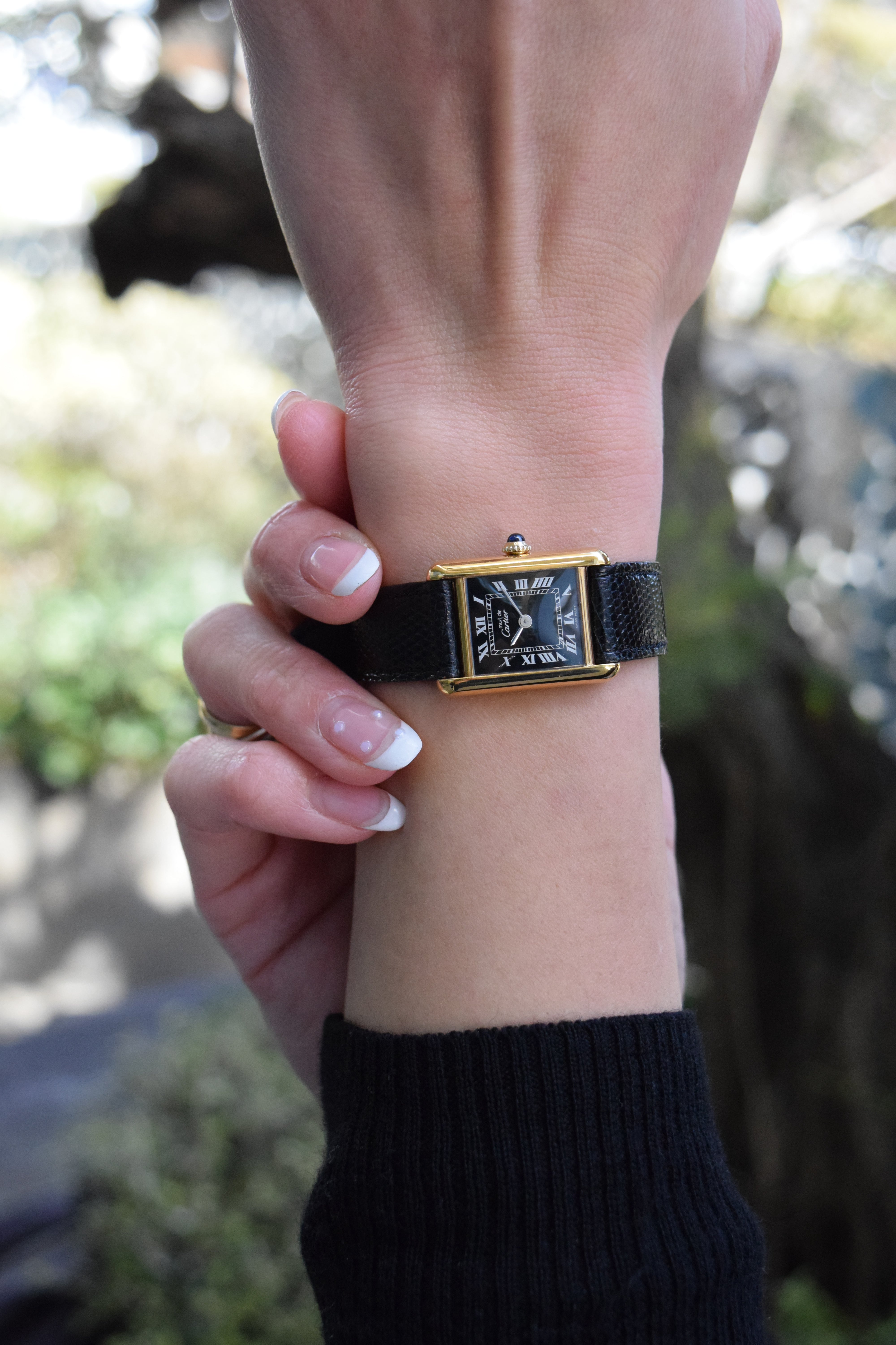 Must de Cartier Tank Ladies Vintage Watch Black SM Size Hand-wound Pure Silver with 18K Vermeil