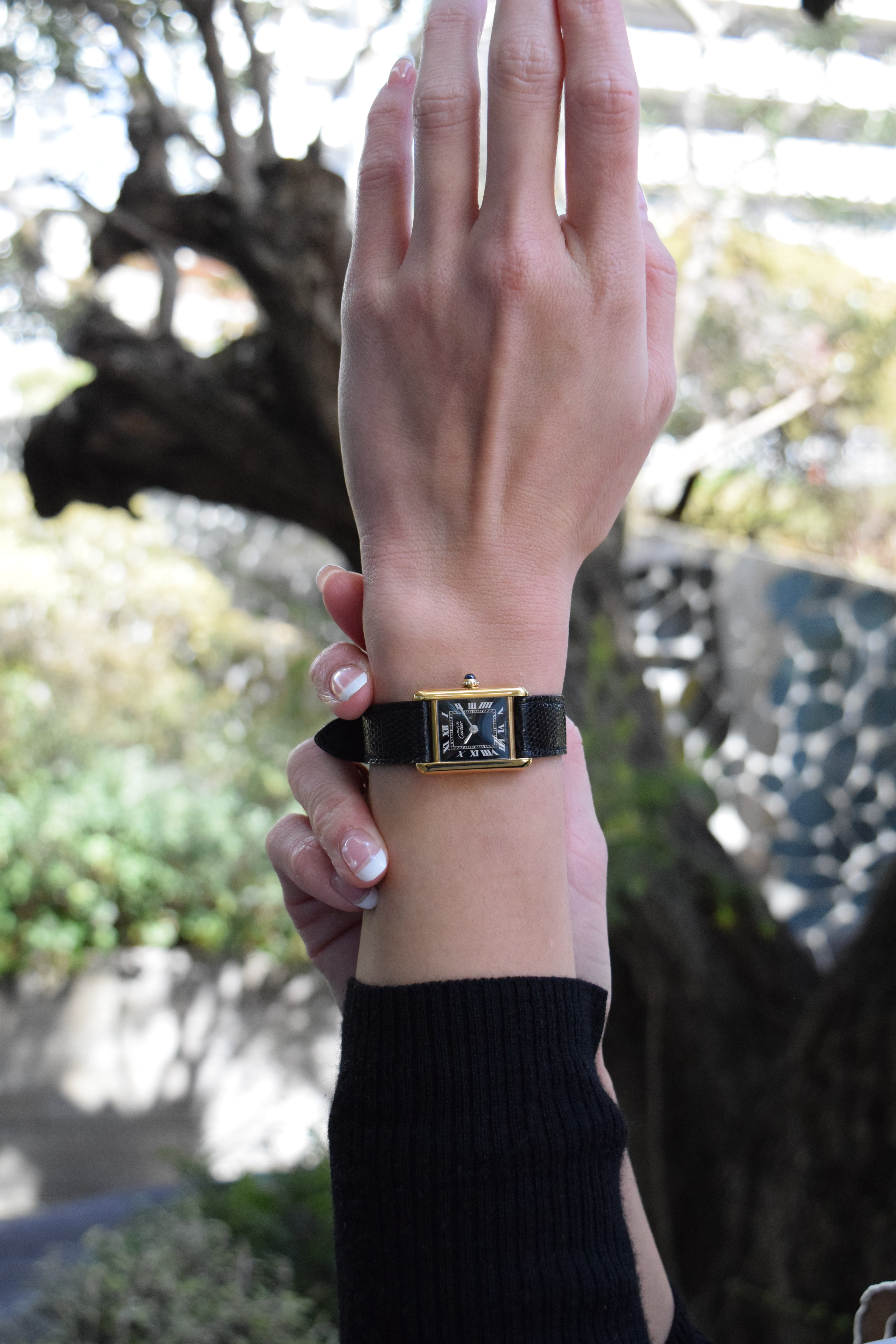 Must de Cartier Tank Ladies Vintage Watch Black SM Size Hand-wound Pure Silver with 18K Vermeil