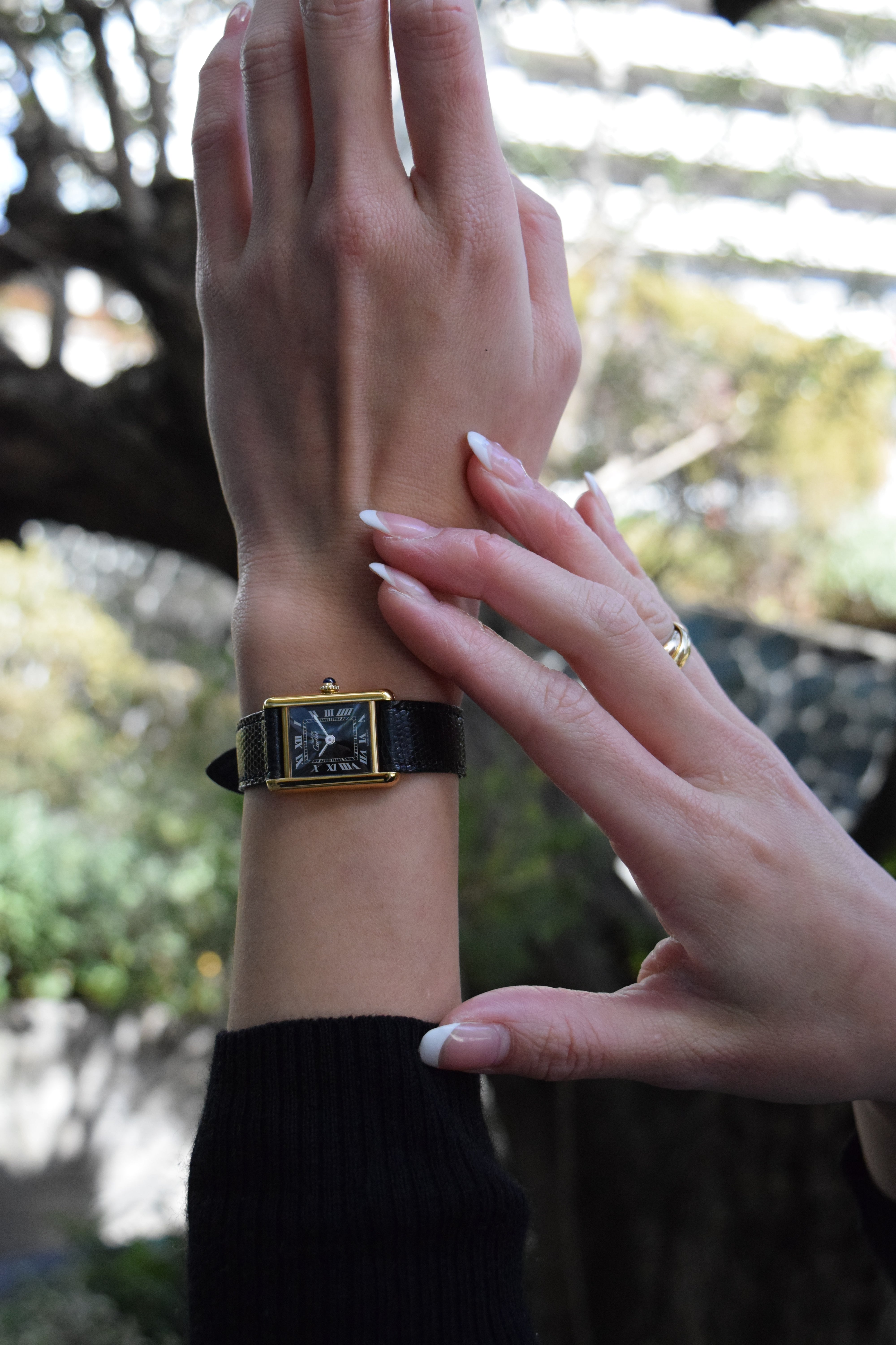 Must de Cartier Tank Ladies Vintage Watch Black SM Size Hand-wound Pure Silver with 18K Vermeil