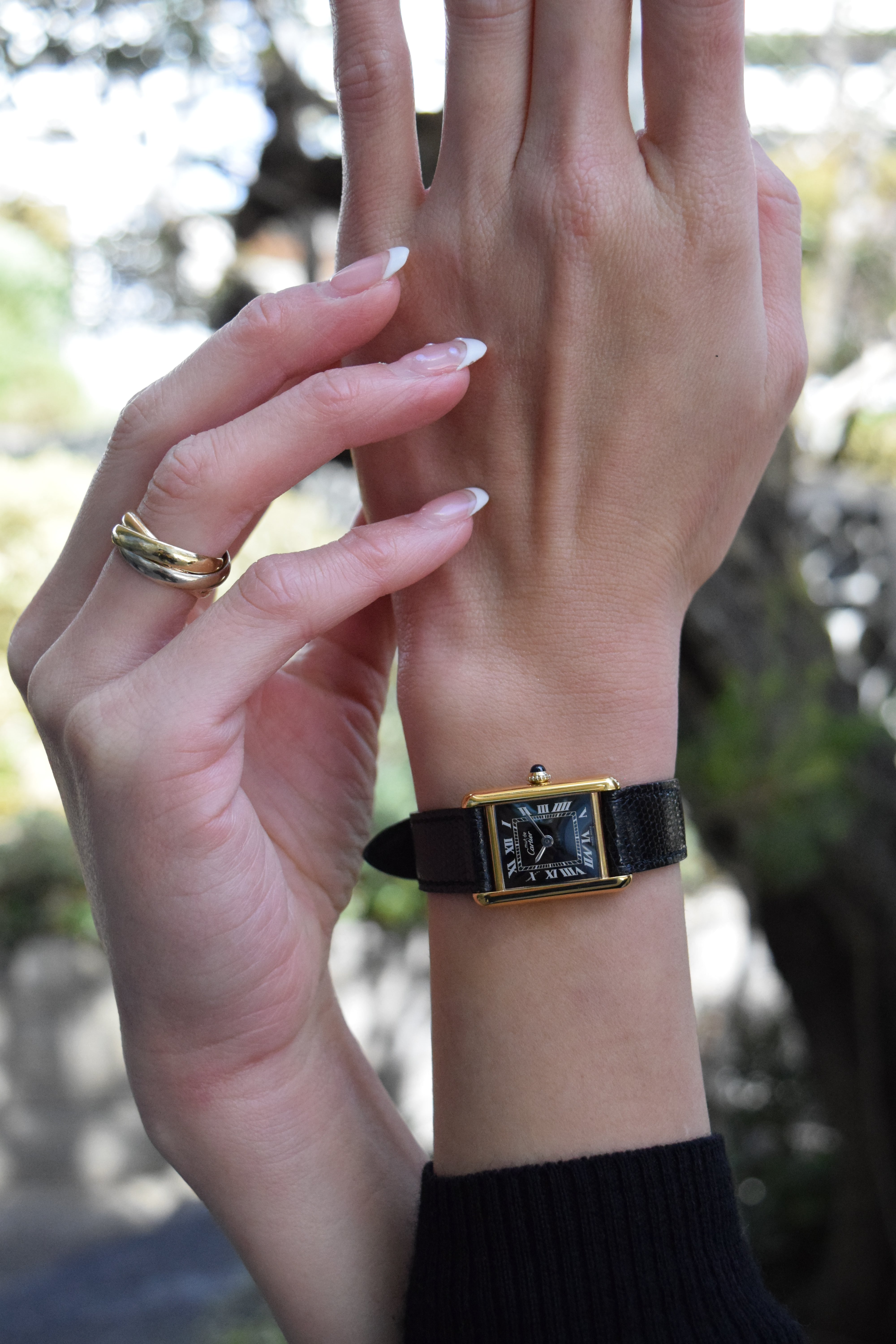 Must de Cartier Tank Ladies Vintage Watch Black SM Size Hand-wound Pure Silver with 18K Vermeil