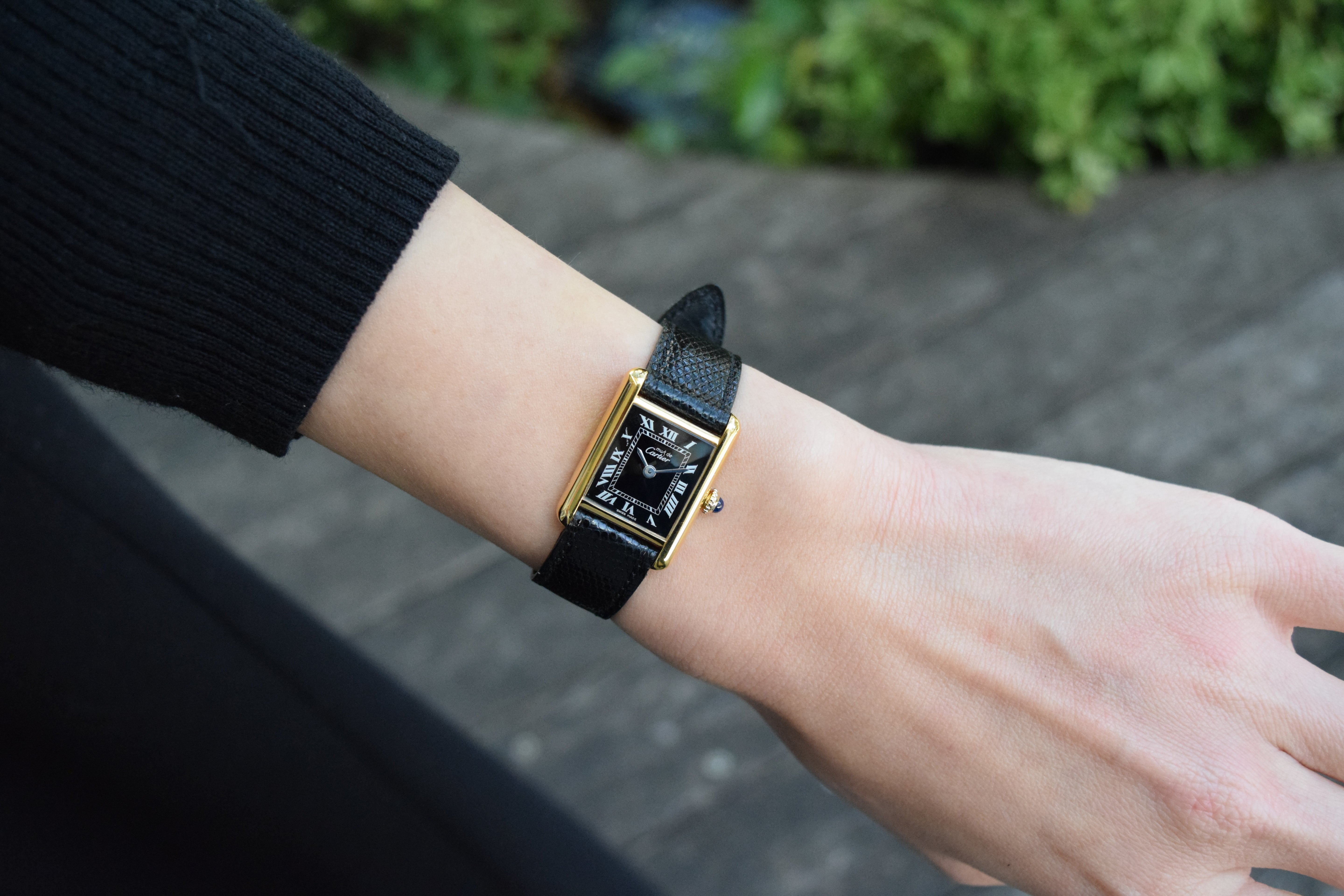 Must de Cartier Tank Ladies Vintage Watch Black SM Size Hand-wound Pure Silver with 18K Vermeil