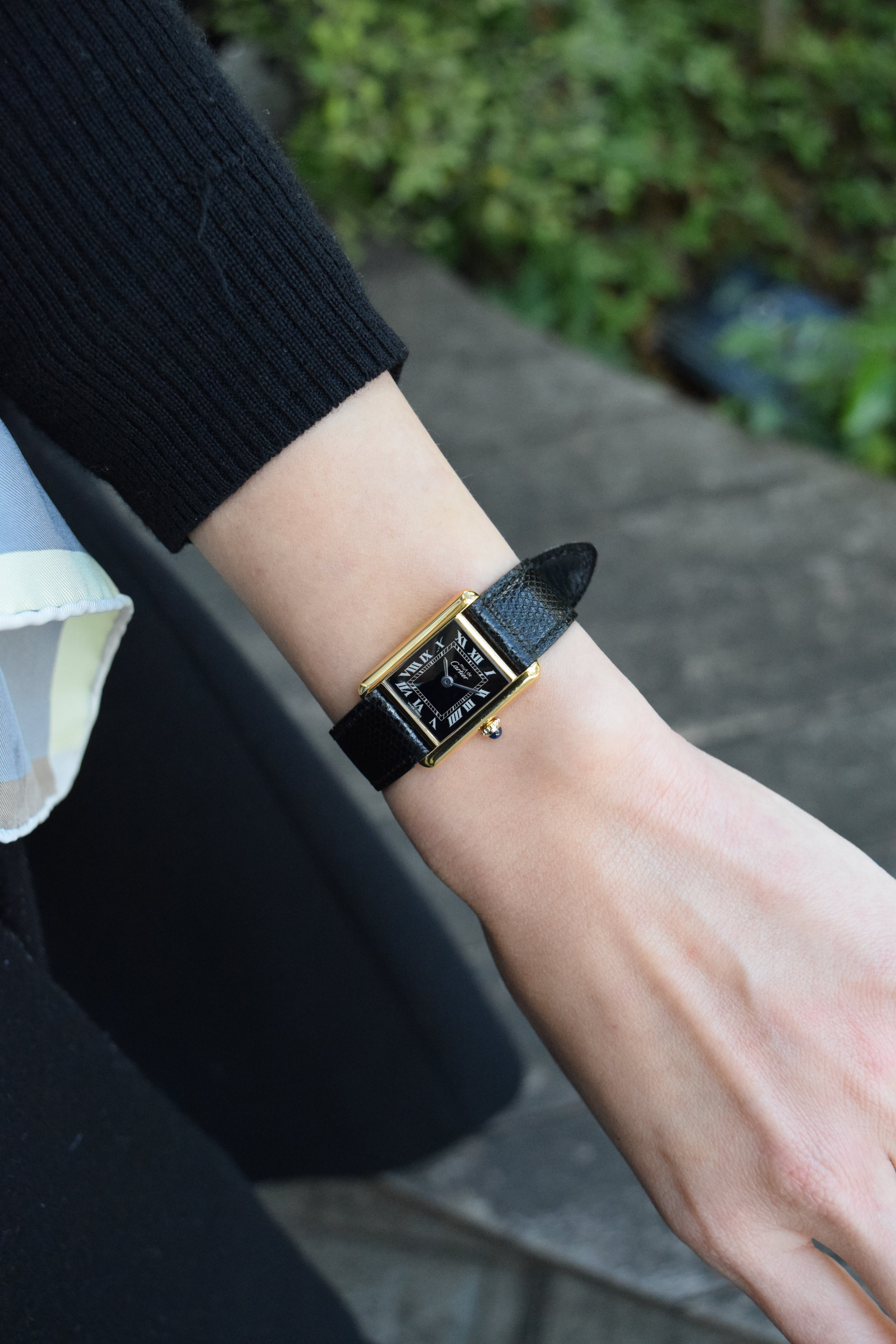 Must de Cartier Tank Ladies Vintage Watch Black SM Size Hand-wound Pure Silver with 18K Vermeil