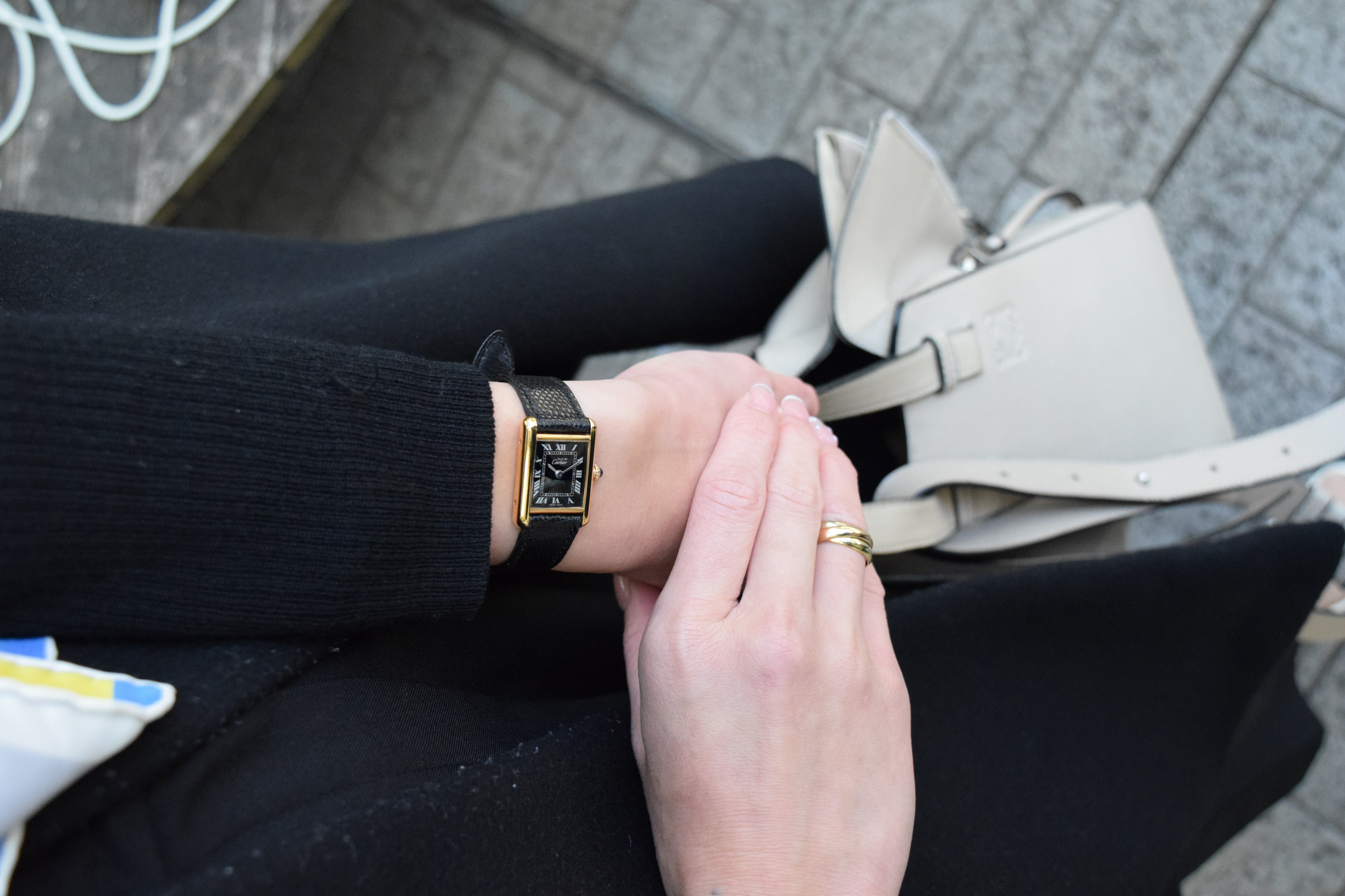 Must de Cartier Tank Ladies Vintage Watch Black SM Size Hand-wound Pure Silver with 18K Vermeil