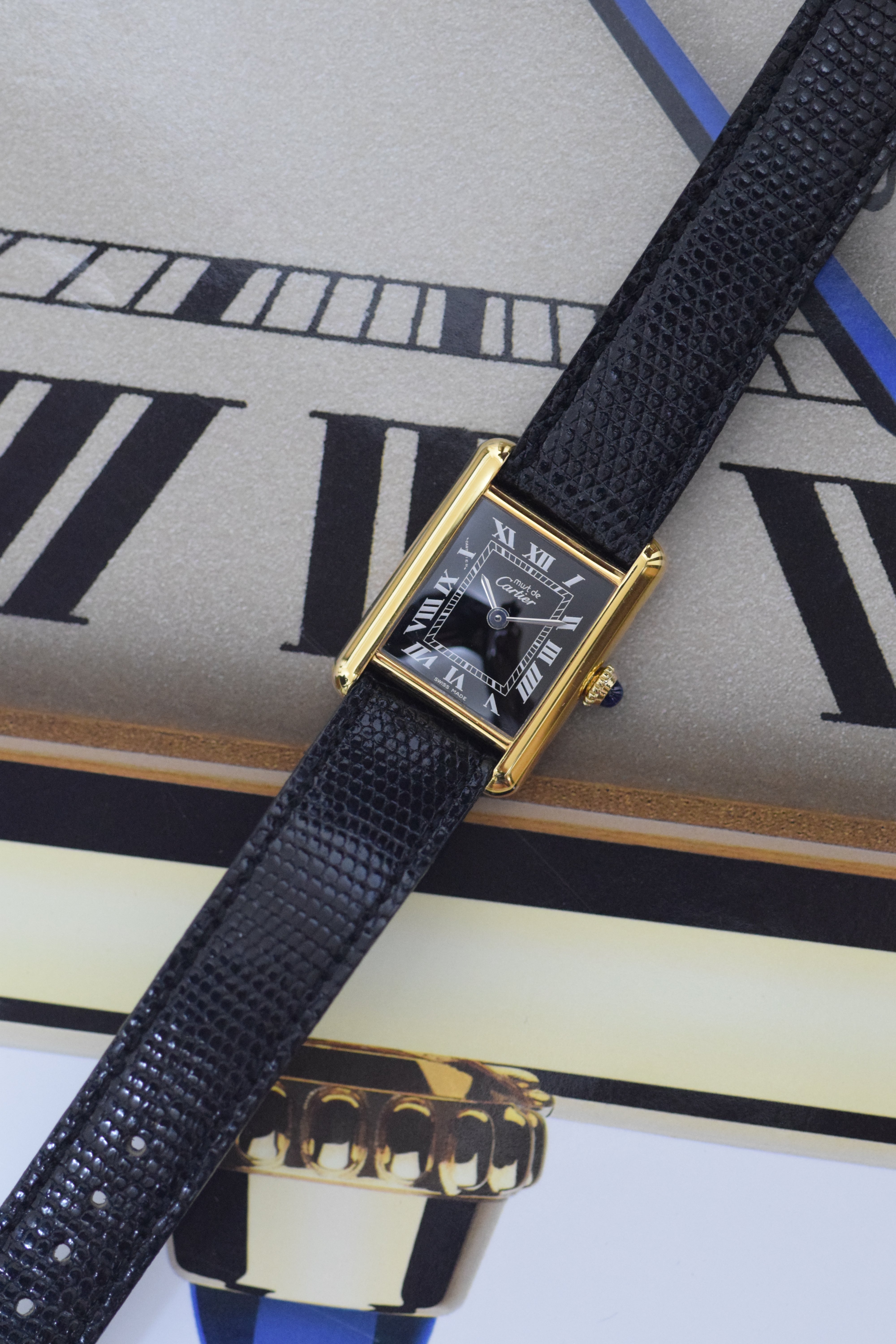 Must de Cartier Tank Ladies Vintage Watch Black SM Size Hand-wound Pure Silver with 18K Vermeil