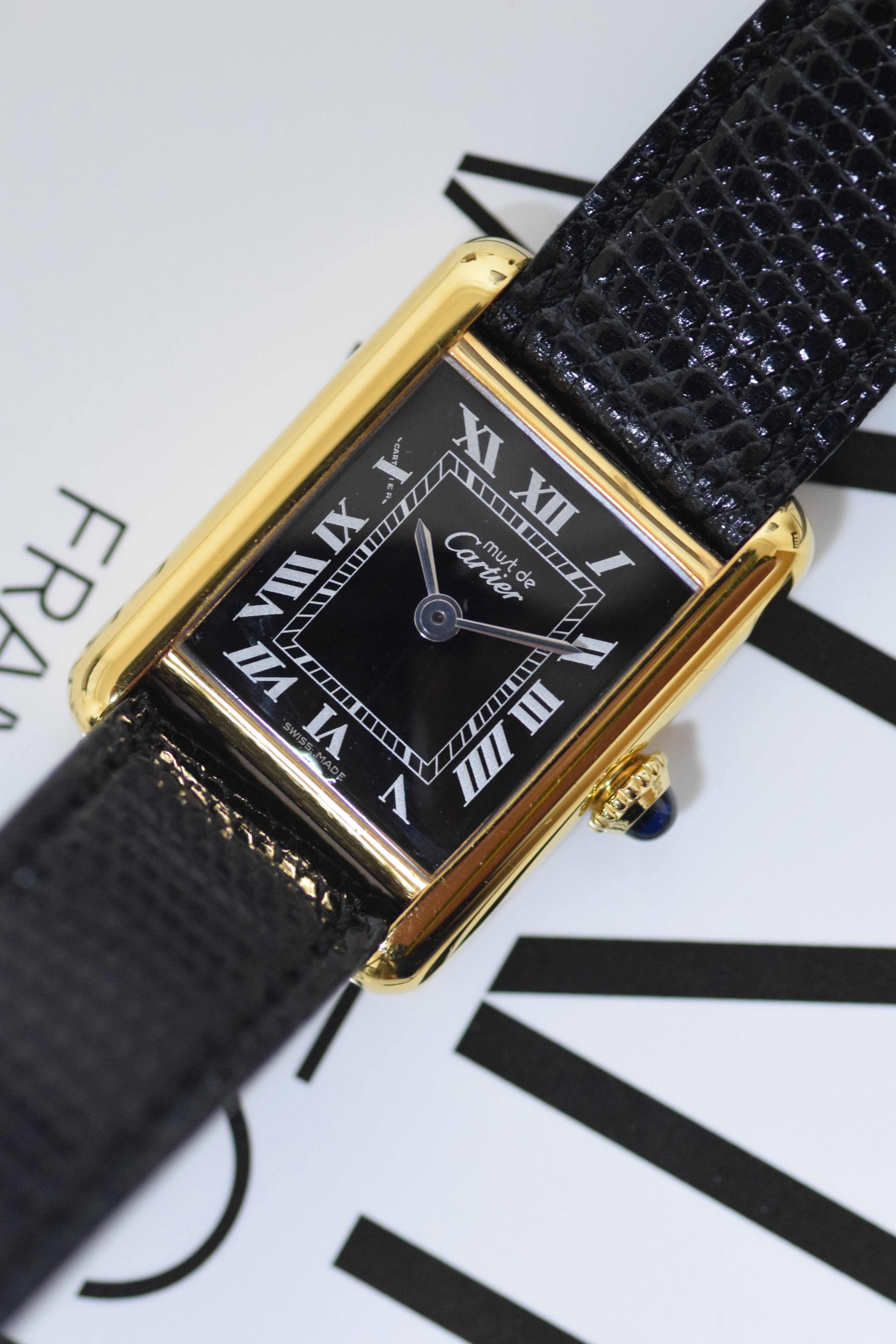 Must de Cartier Tank Ladies Vintage Watch Black SM Size Hand-wound Pure Silver with 18K Vermeil