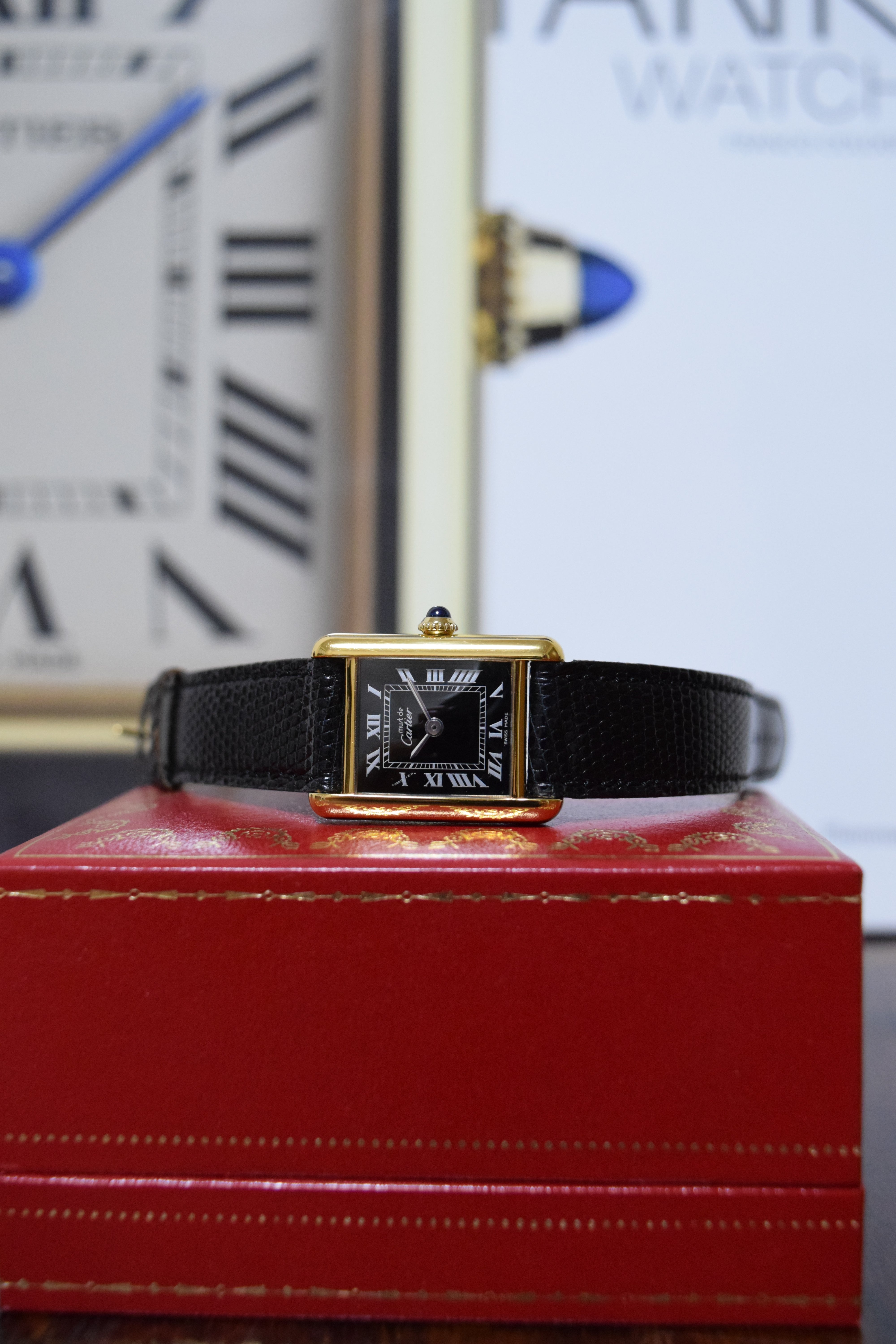 Must de Cartier Tank Ladies Vintage Watch Black SM Size Hand-wound Pure Silver with 18K Vermeil