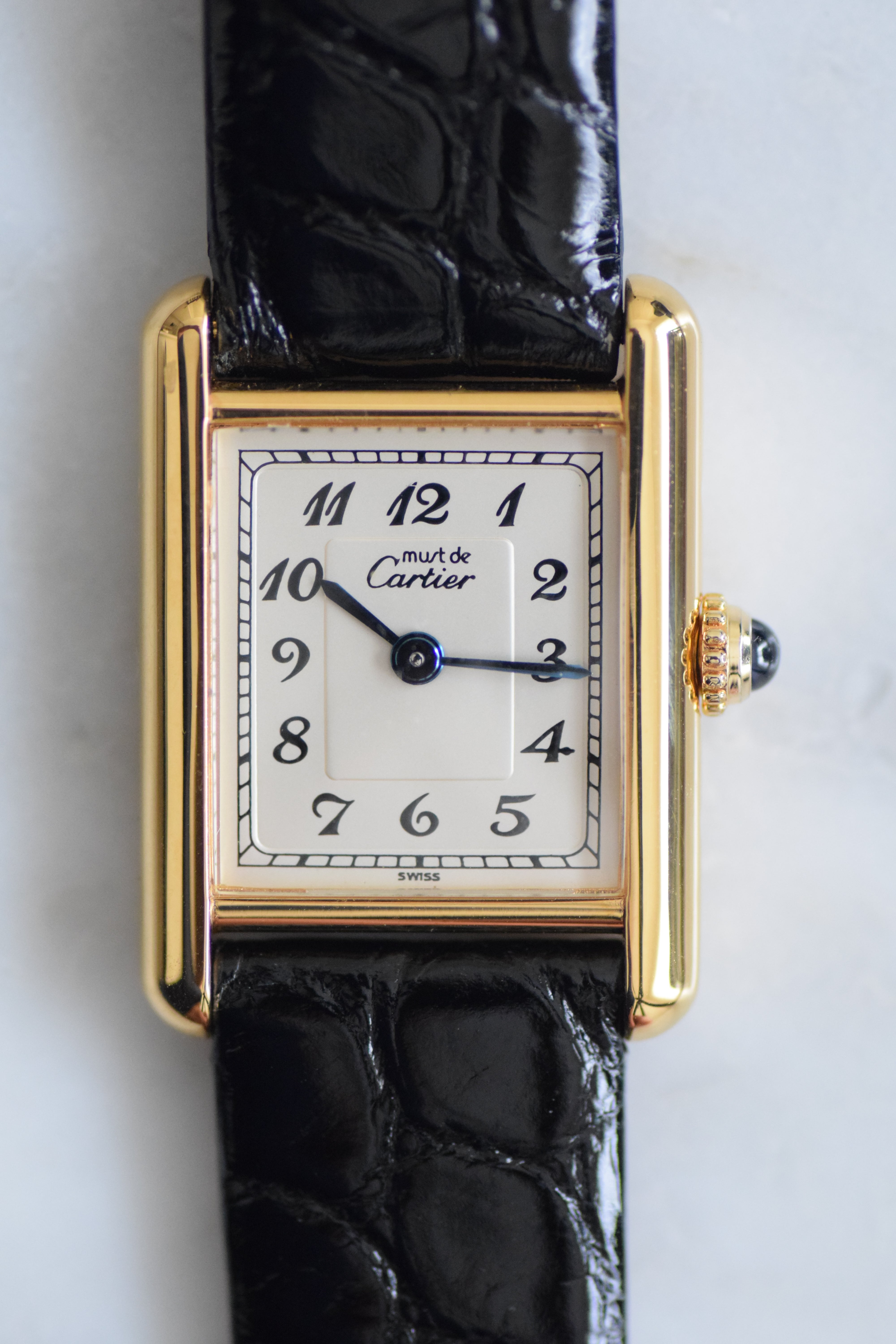 Discontinued Must de Cartier Tank Ladies Vintage Watch, Breguet Numerals, Small and Medium Size, Pure Silver with 18K Vermeil, Free Strap