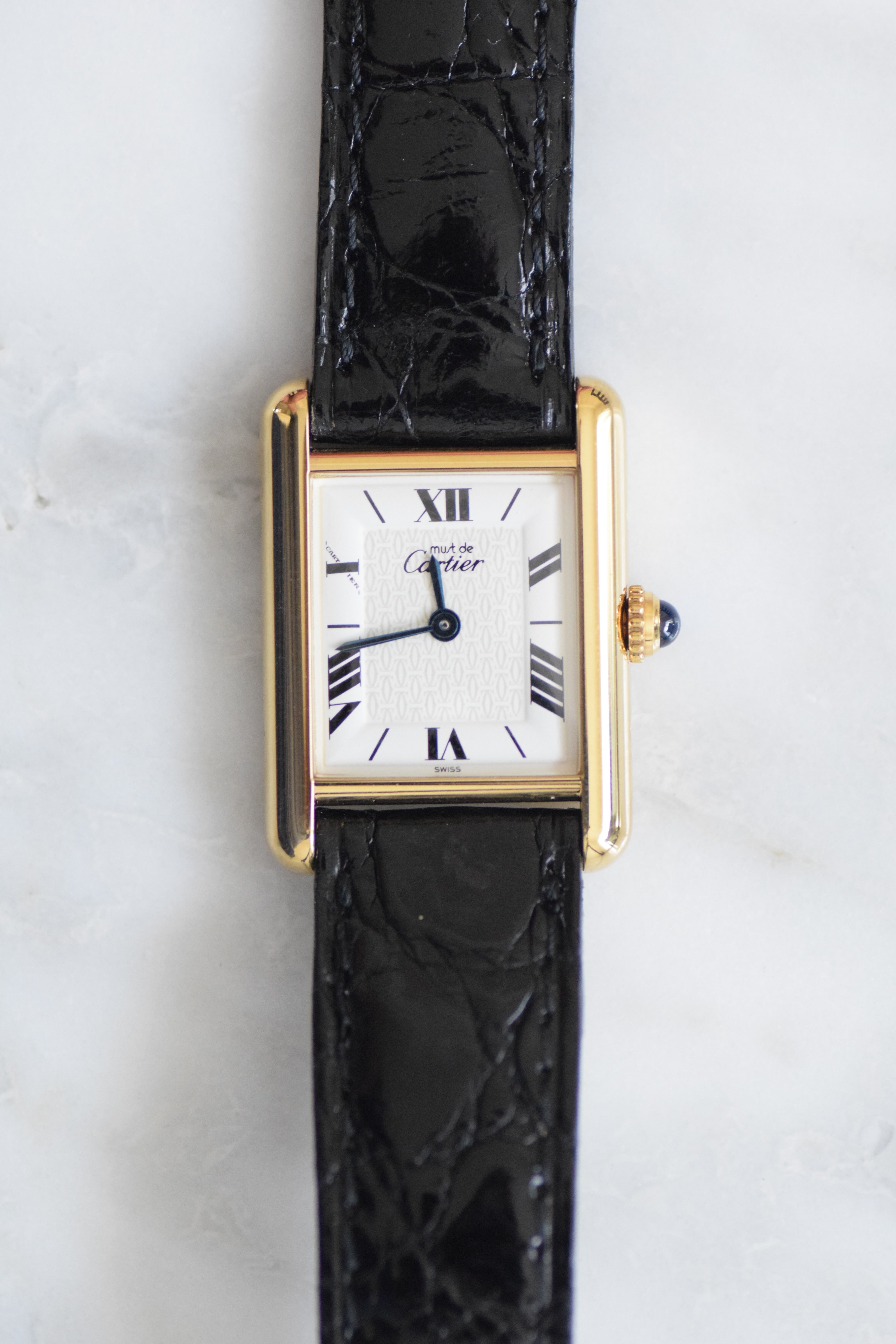 Must de Cartier Tank Ladies Vintage Watch Inner Grey SM Size Pure Silver with 18K Vermeil