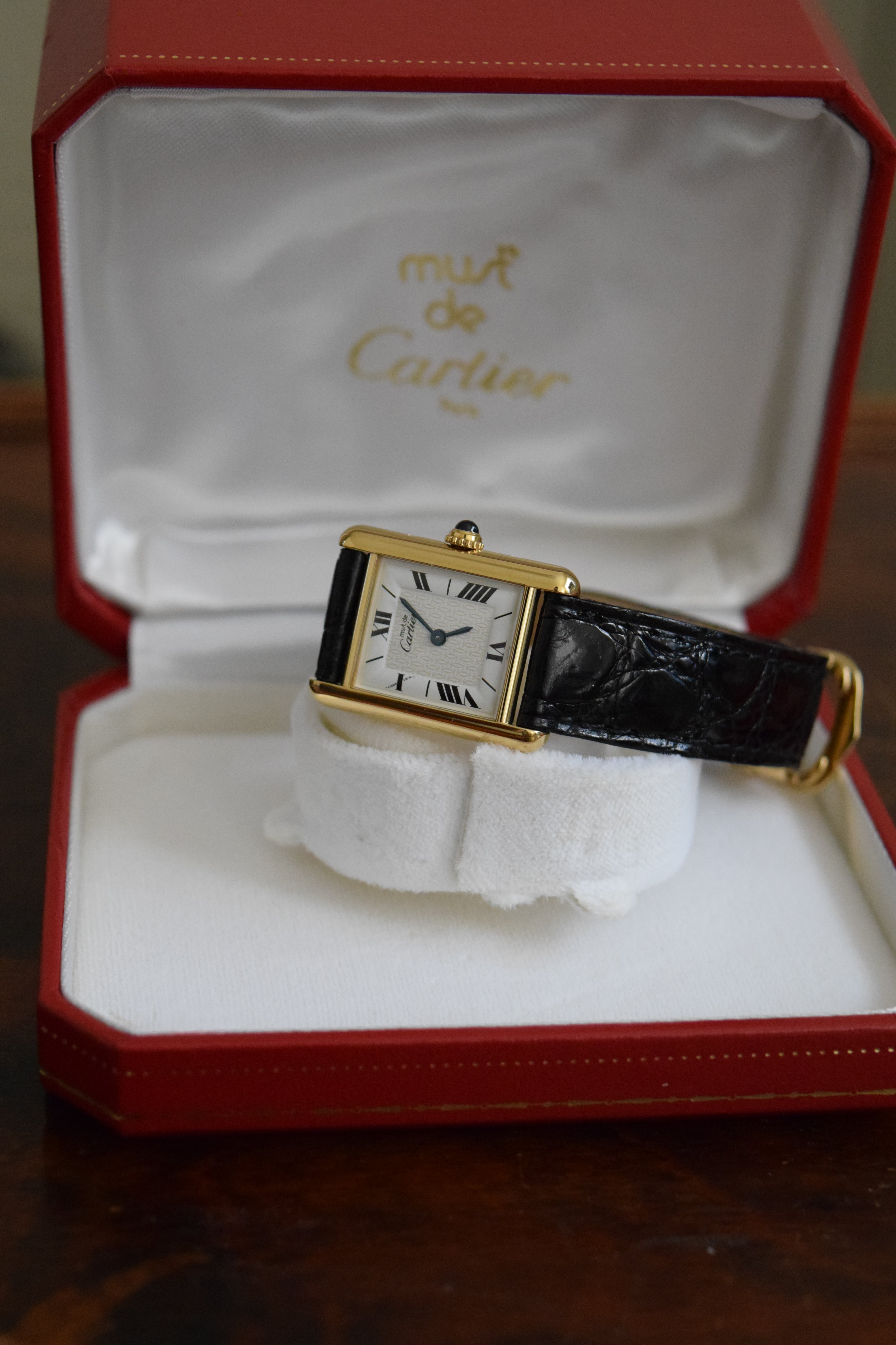 Must de Cartier Tank Ladies Vintage Watch Inner Grey SM Size Pure Silver with 18K Vermeil