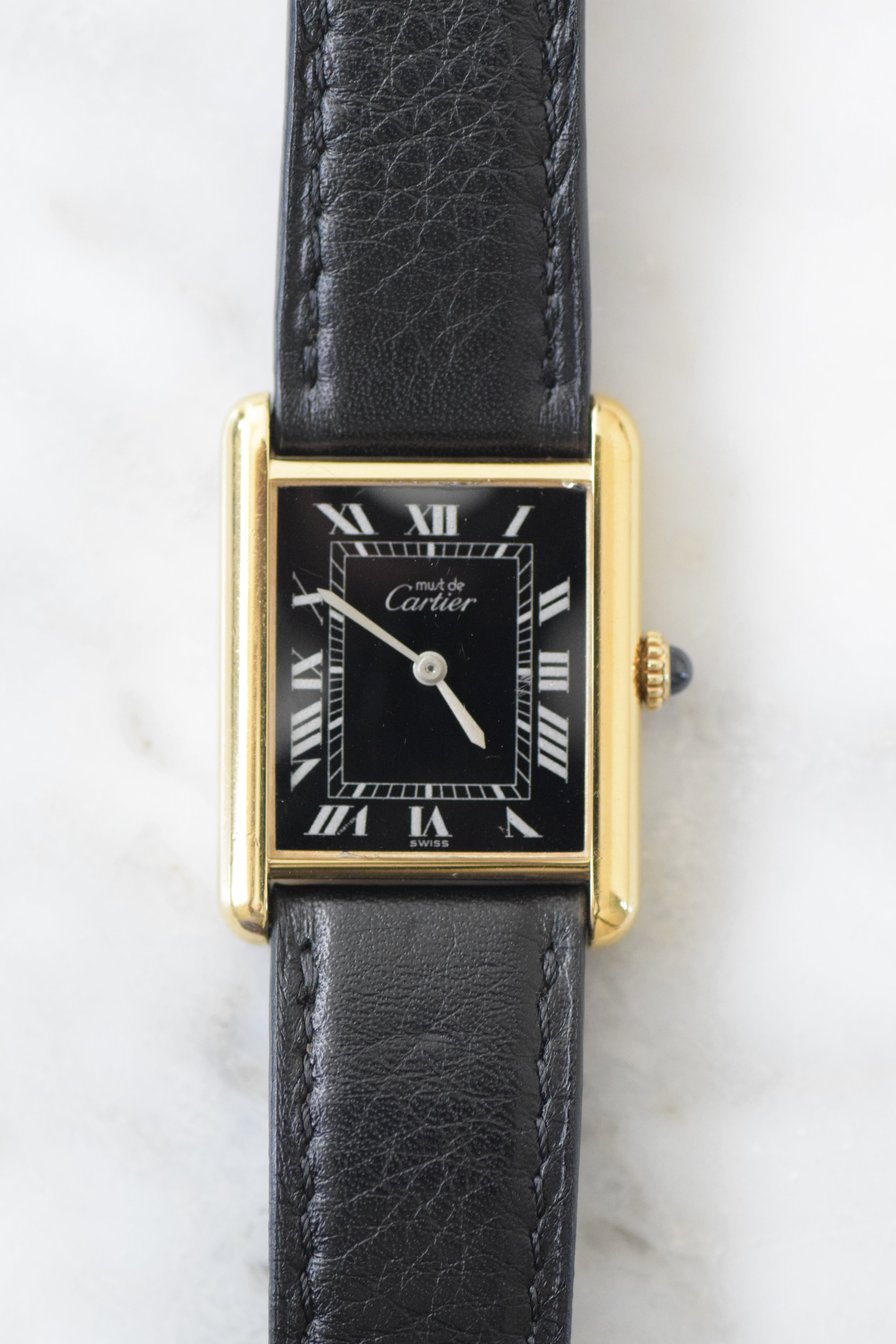 Must de Cartier Tank Vintage Watch, Ivory, Large Size, Hand-wound, Pure Silver with 18K Vermeil