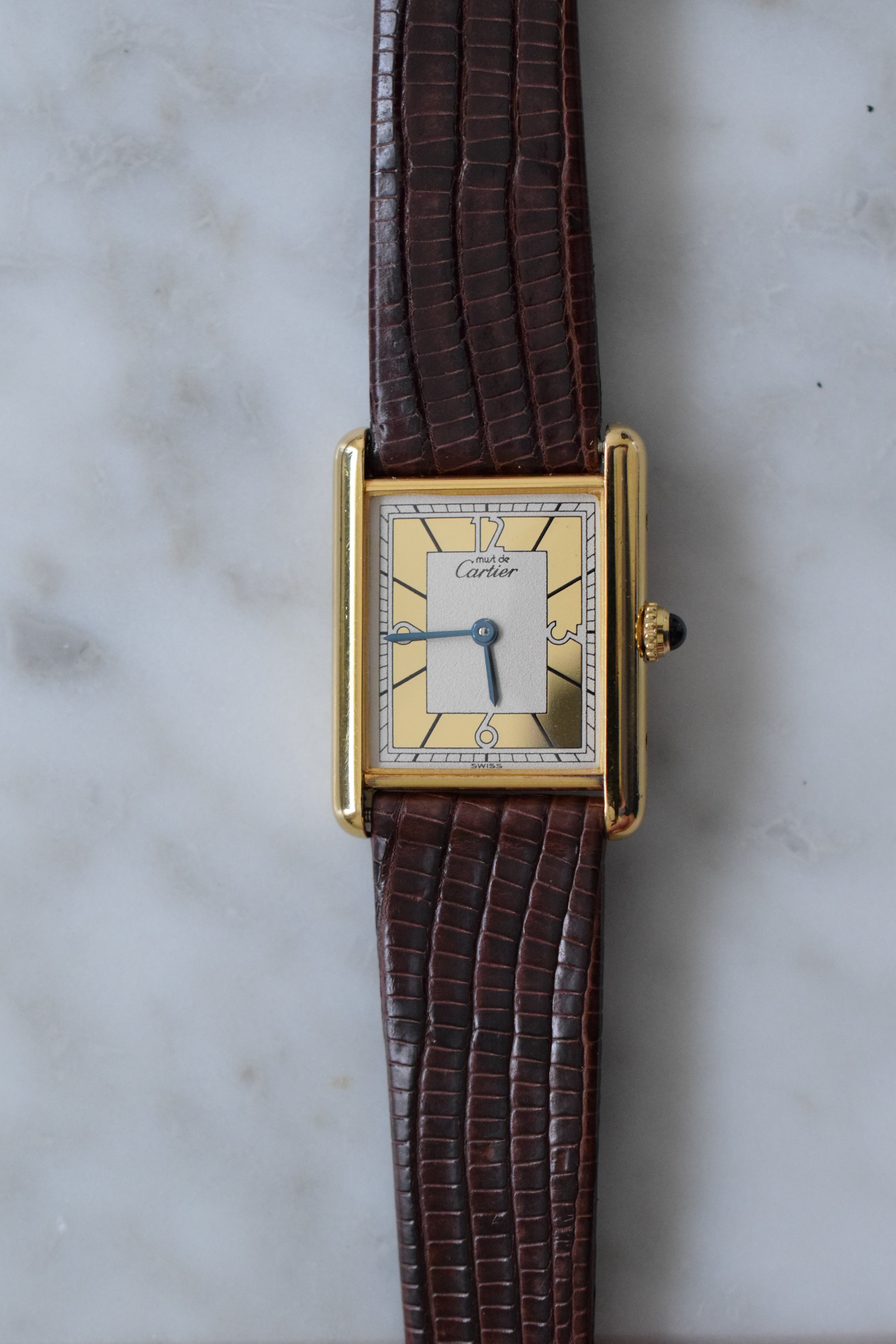 Must de Cartier Tank Vintage Watch Ivory LM Size Quartz Pure Silver with 18K Vermeil