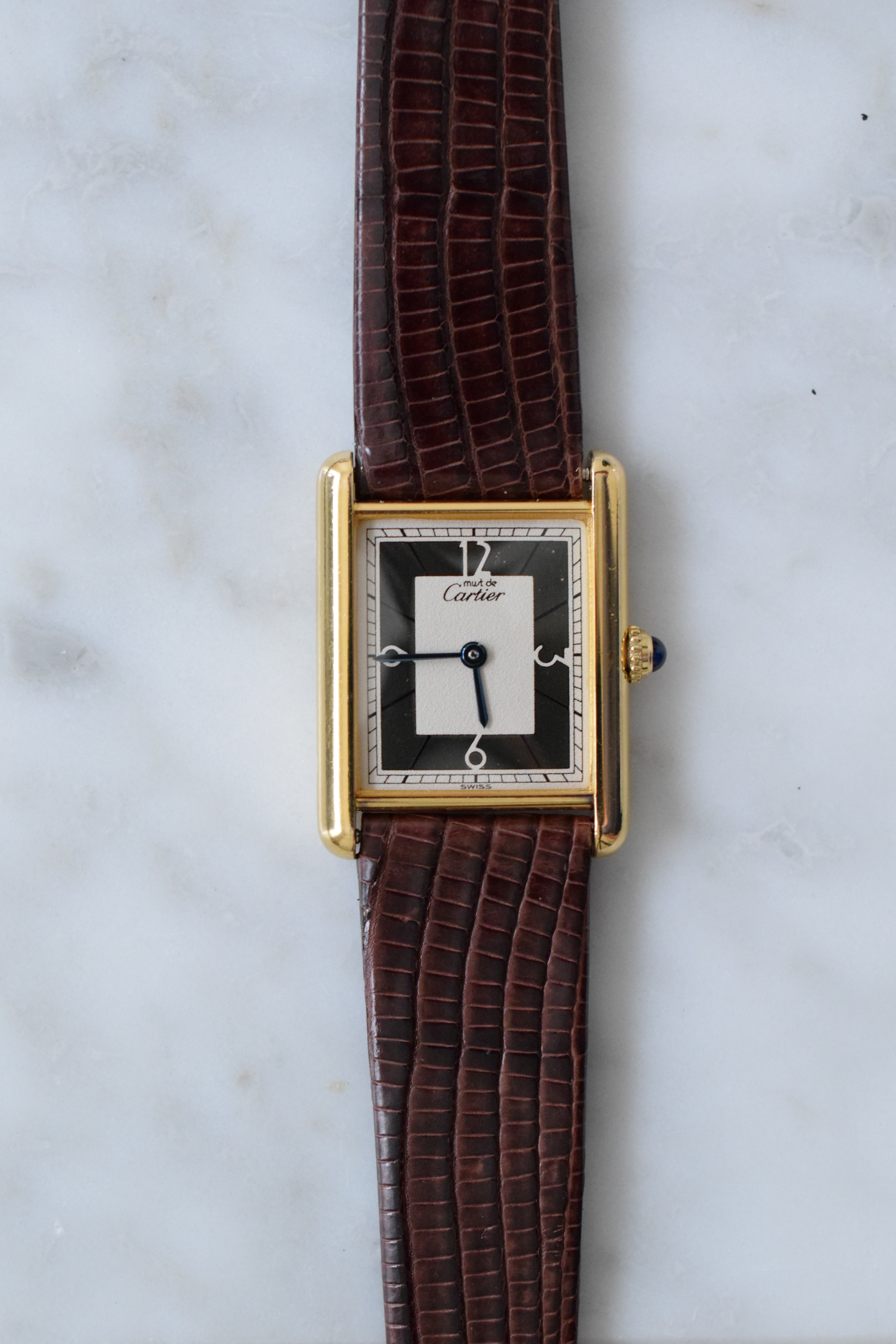 Must de Cartier Tank Vintage Watch Ivory LM Size Quartz Pure Silver with 18K Vermeil