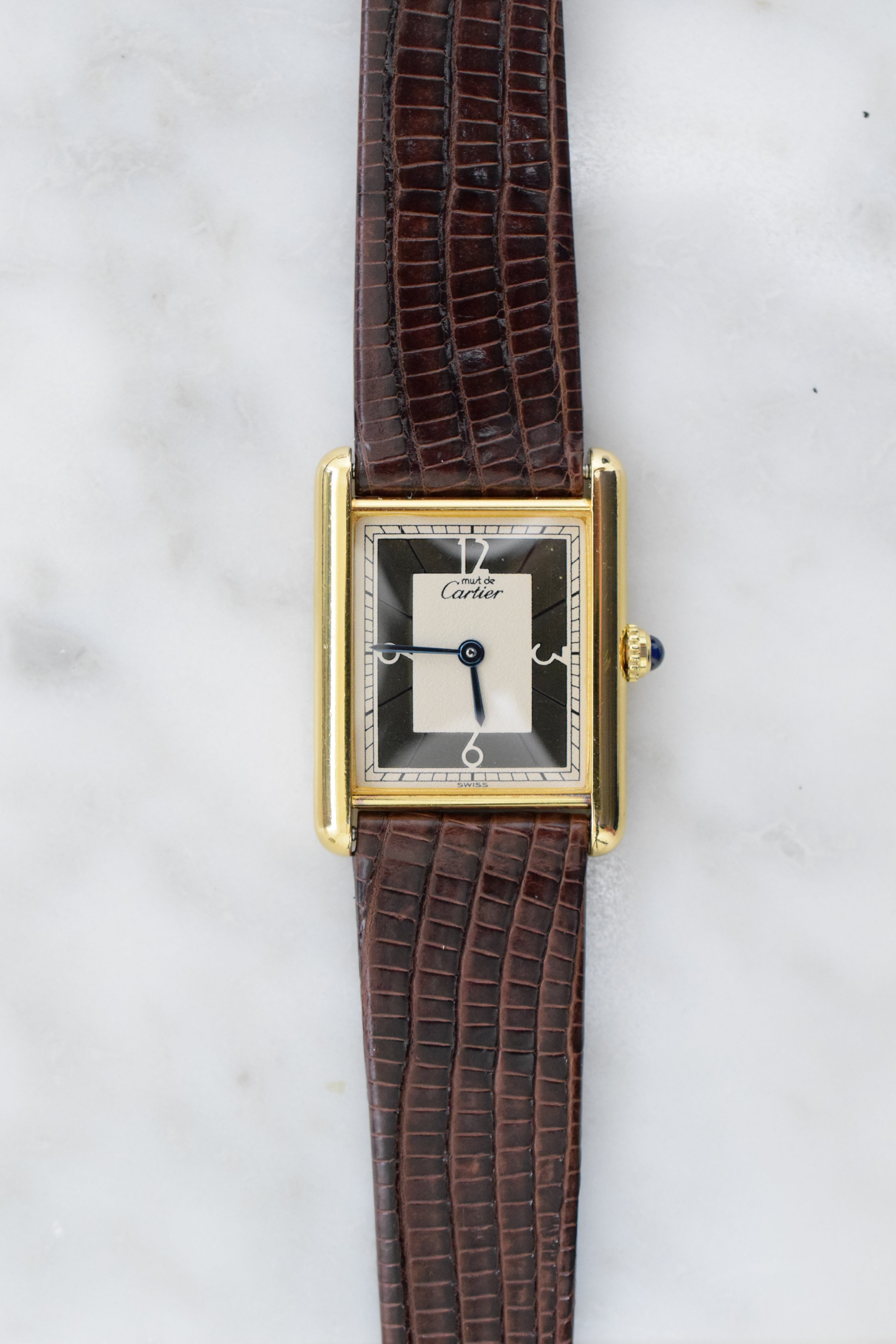 Must de Cartier Tank Vintage Watch Ivory LM Size Quartz Pure Silver with 18K Vermeil