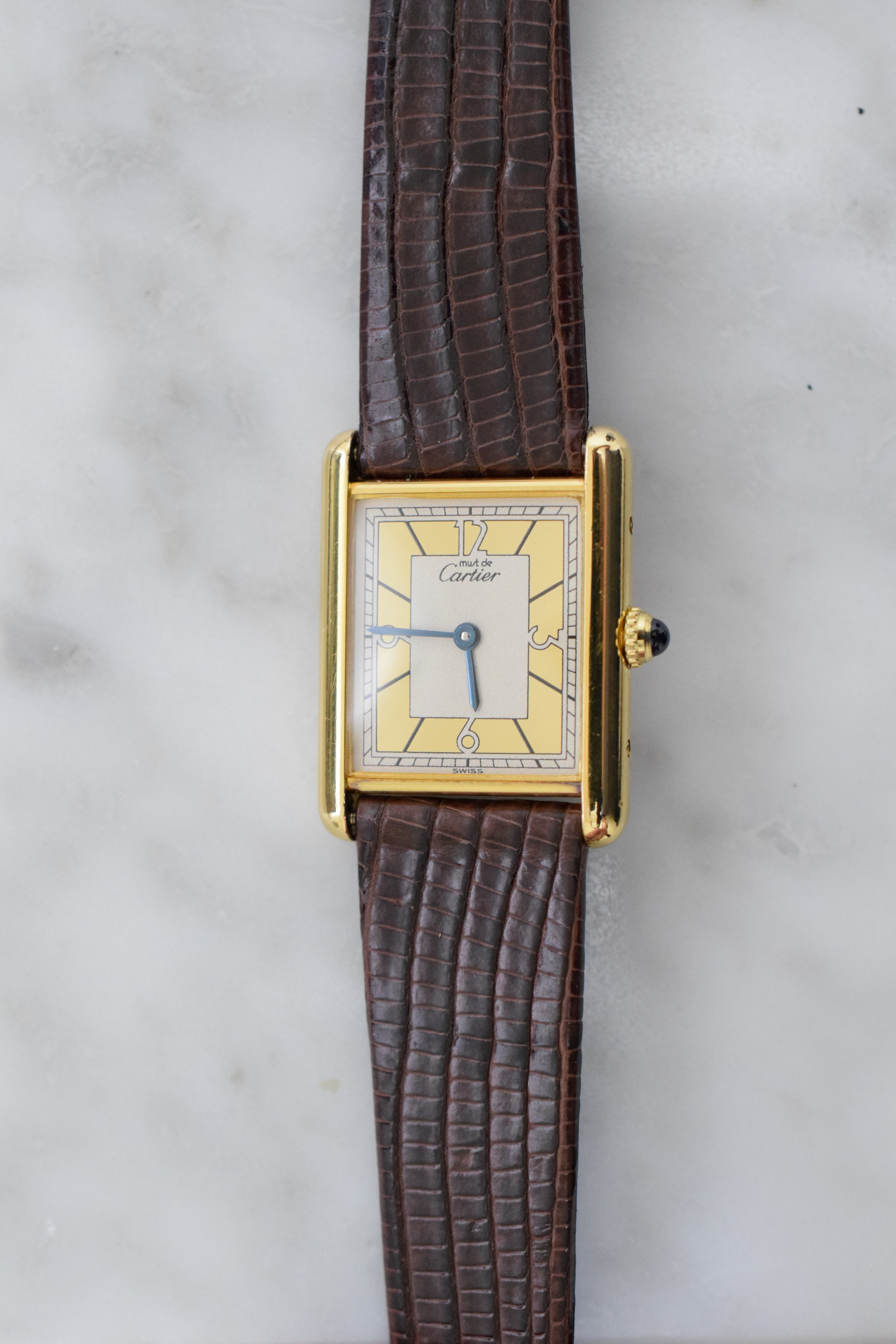 Must de Cartier Tank Vintage Watch Ivory LM Size Quartz Pure Silver with 18K Vermeil