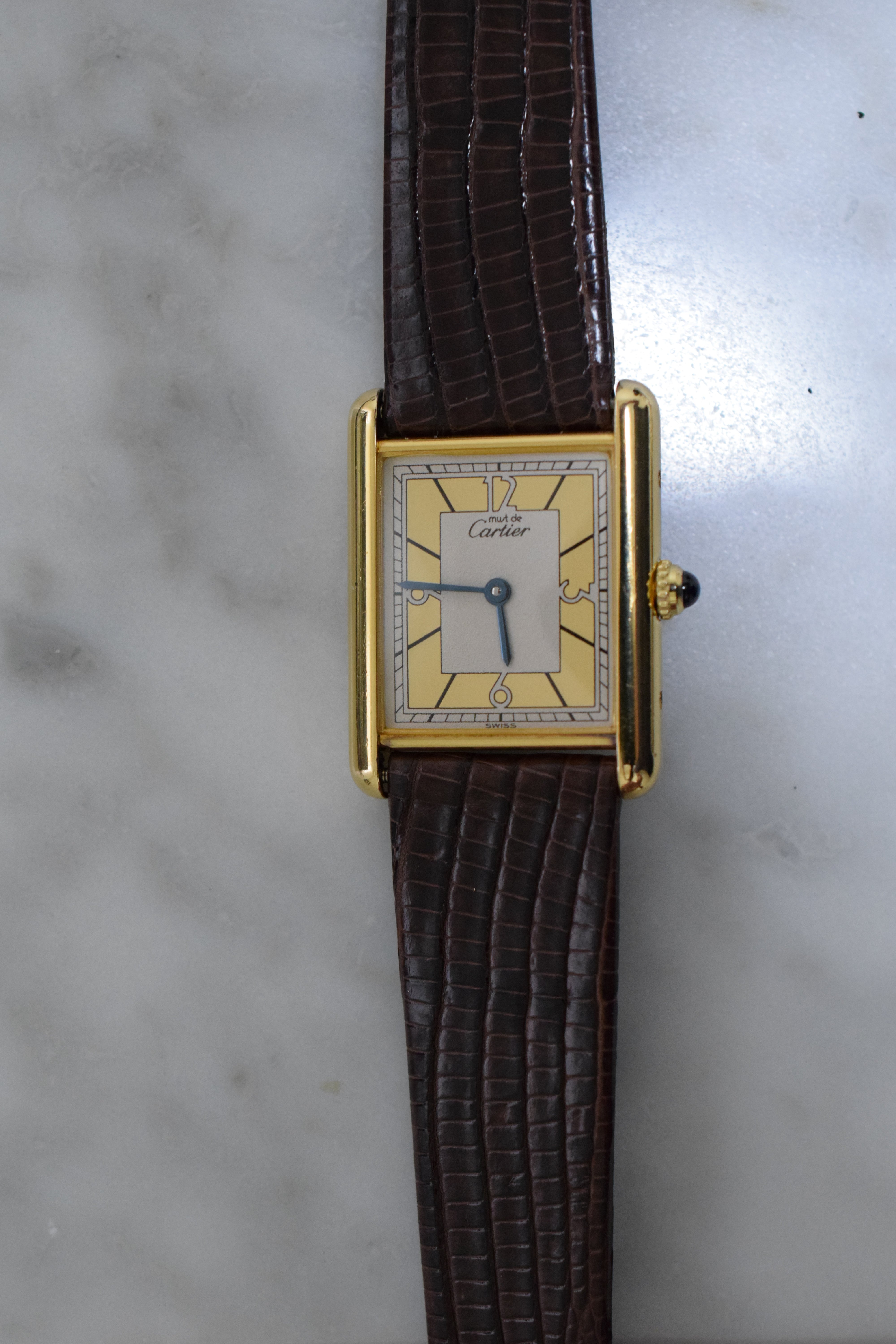 Must de Cartier Tank Vintage Watch Ivory LM Size Quartz Pure Silver with 18K Vermeil