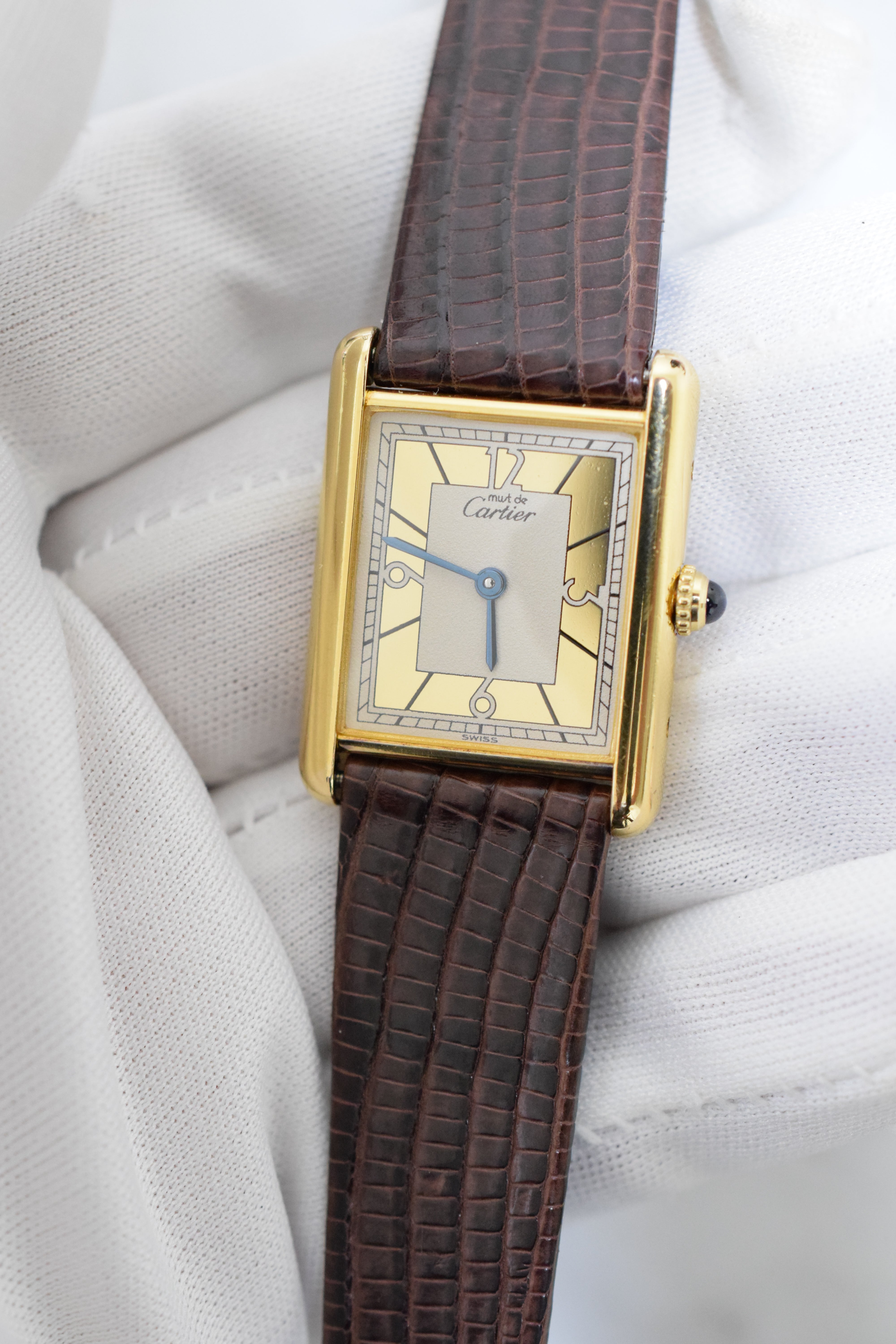 Must de Cartier Tank Vintage Watch Ivory LM Size Quartz Pure Silver with 18K Vermeil