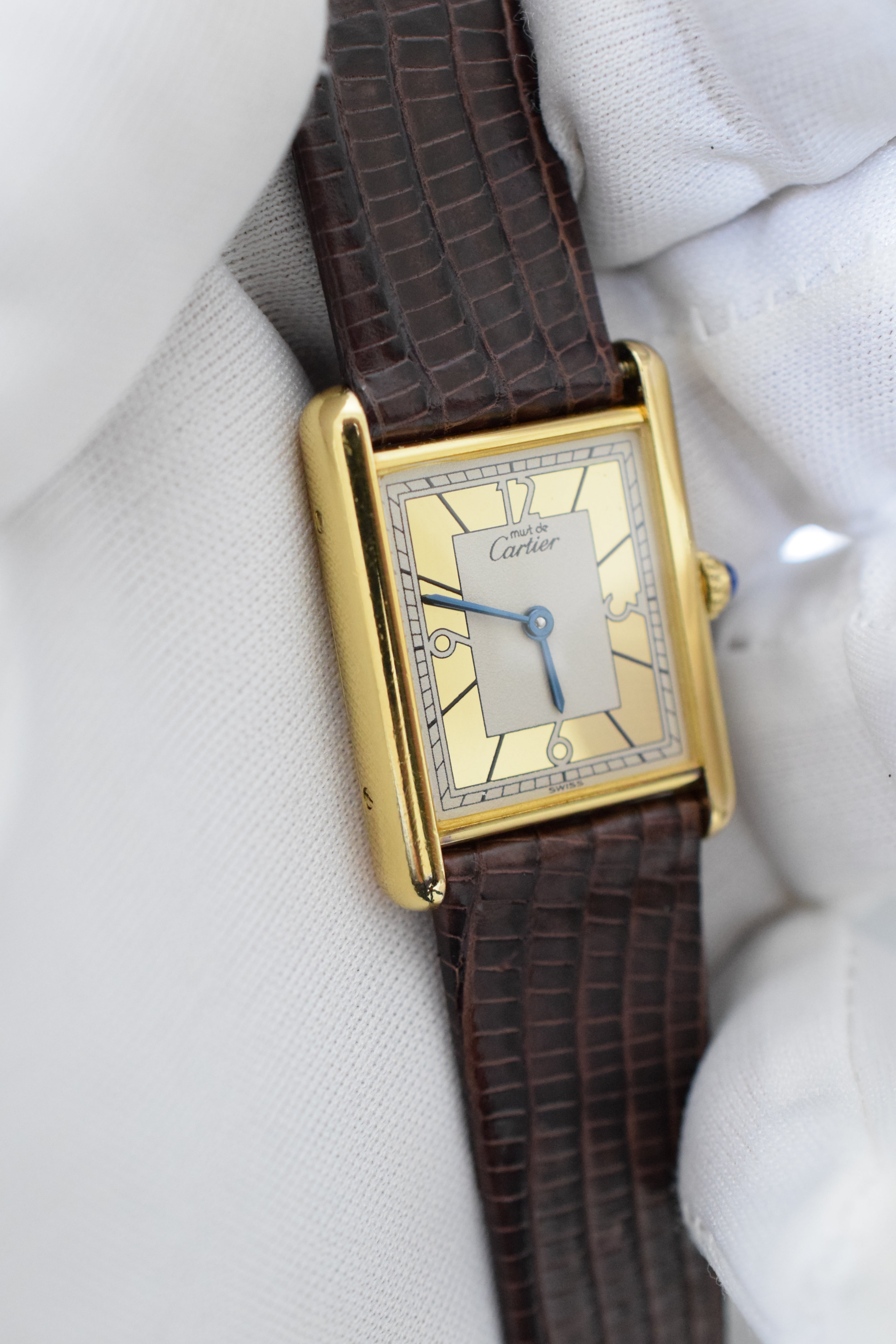 Must de Cartier Tank Vintage Watch Ivory LM Size Quartz Pure Silver with 18K Vermeil