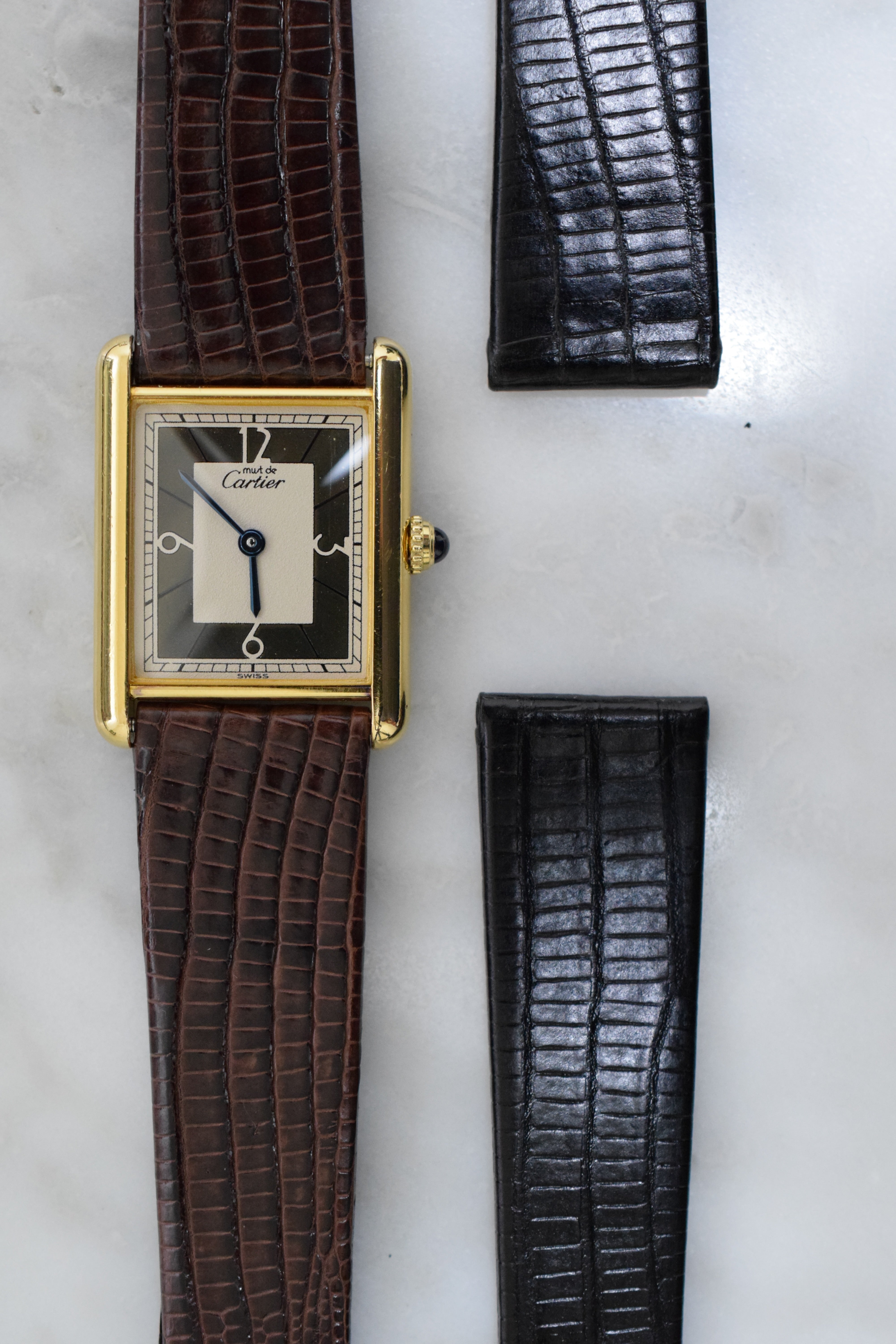 Must de Cartier Tank Vintage Watch Ivory LM Size Quartz Pure Silver with 18K Vermeil