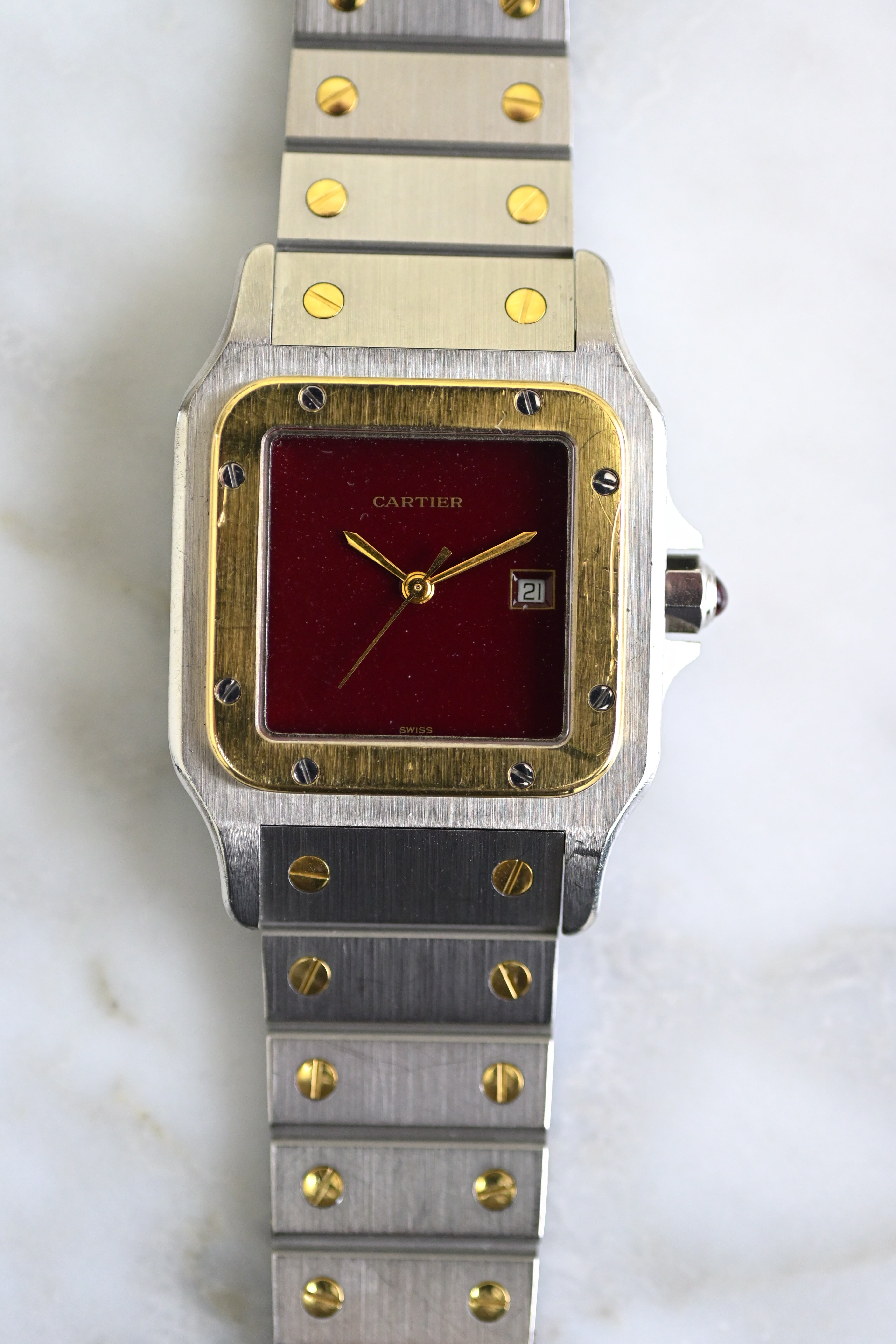 "International Warranty Included" Cartier Santos Galbe LM Size Godron Bracelet Stainless Steel x Gold Combination Automatic Model Ref.2961