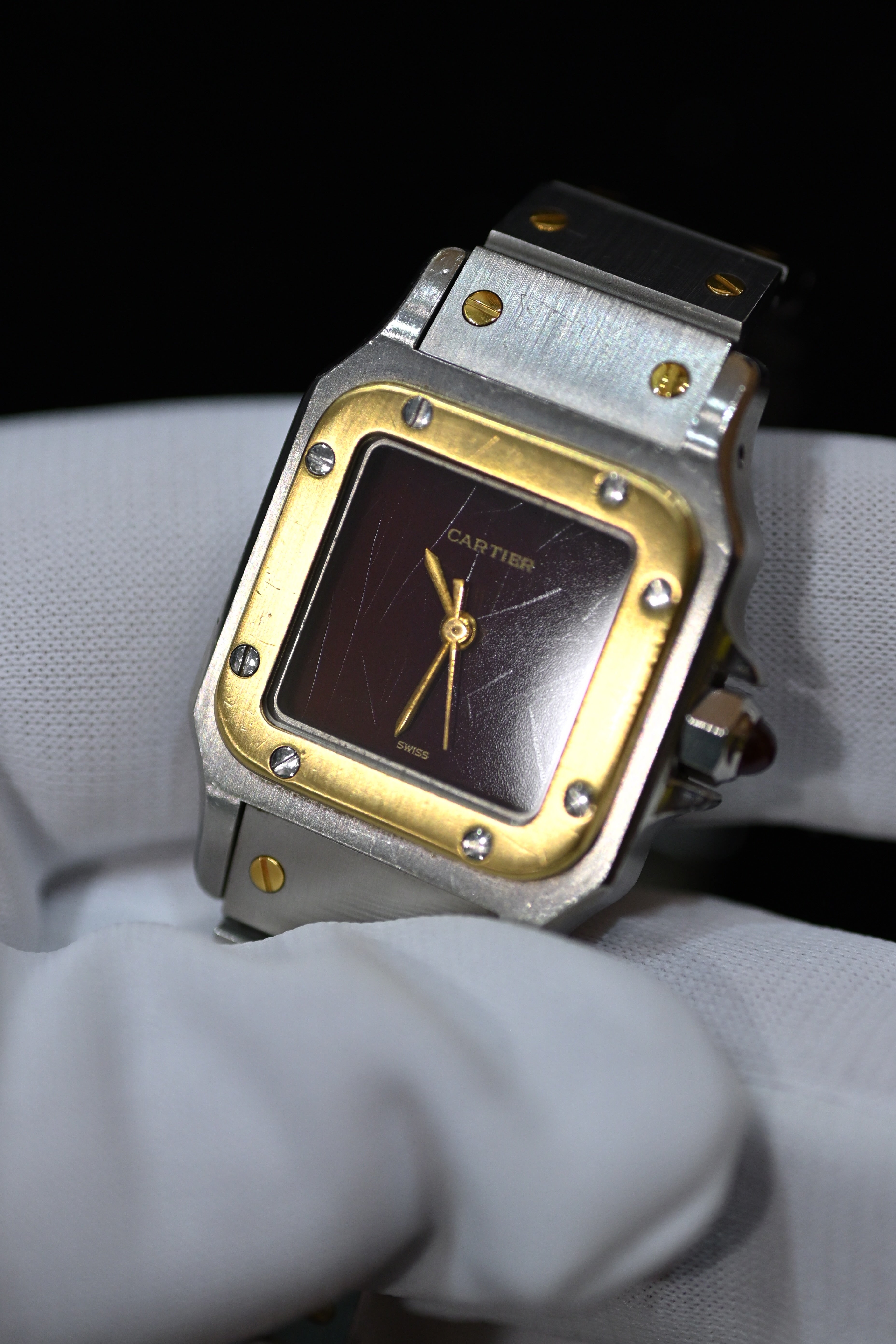 "International Warranty Included" Cartier Santos Galbe LM Size Godron Bracelet Stainless Steel x Gold Combination Automatic Model Ref.2961