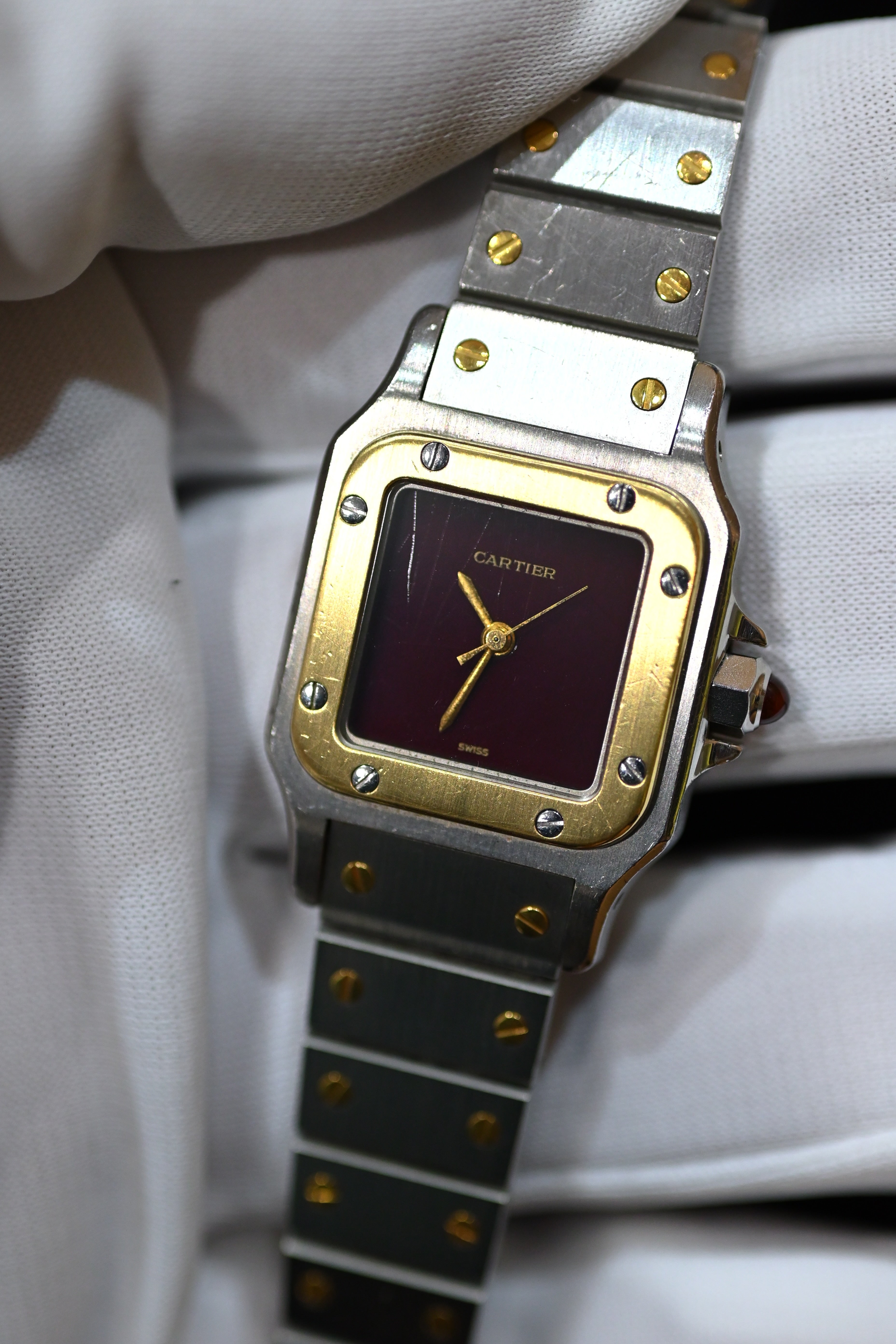 "International Warranty Included" Cartier Santos Galbe LM Size Godron Bracelet Stainless Steel x Gold Combination Automatic Model Ref.2961