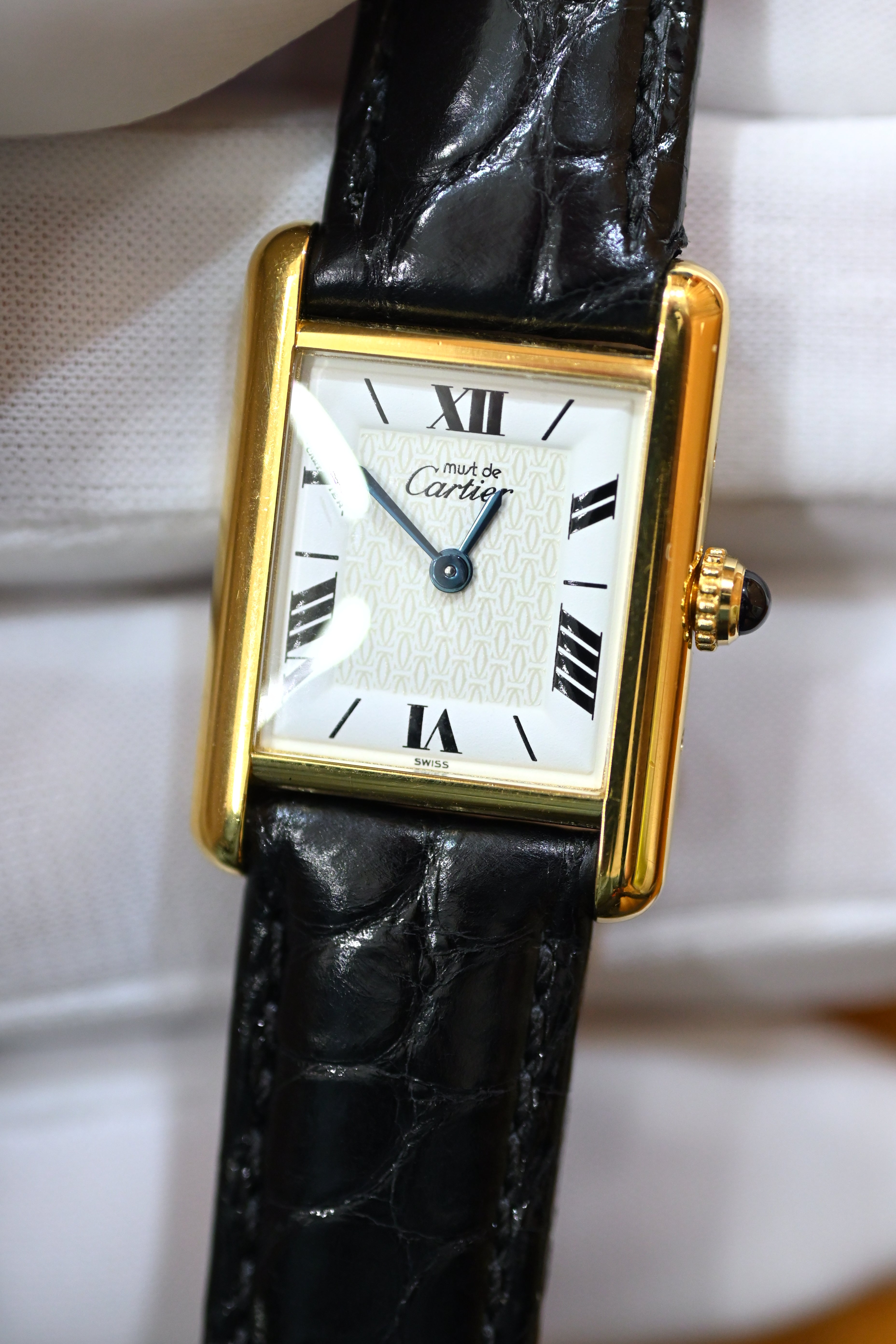 Must de Cartier Tank Ladies Vintage Watch Inner Grey SM Size Pure Silver with 18K Vermeil