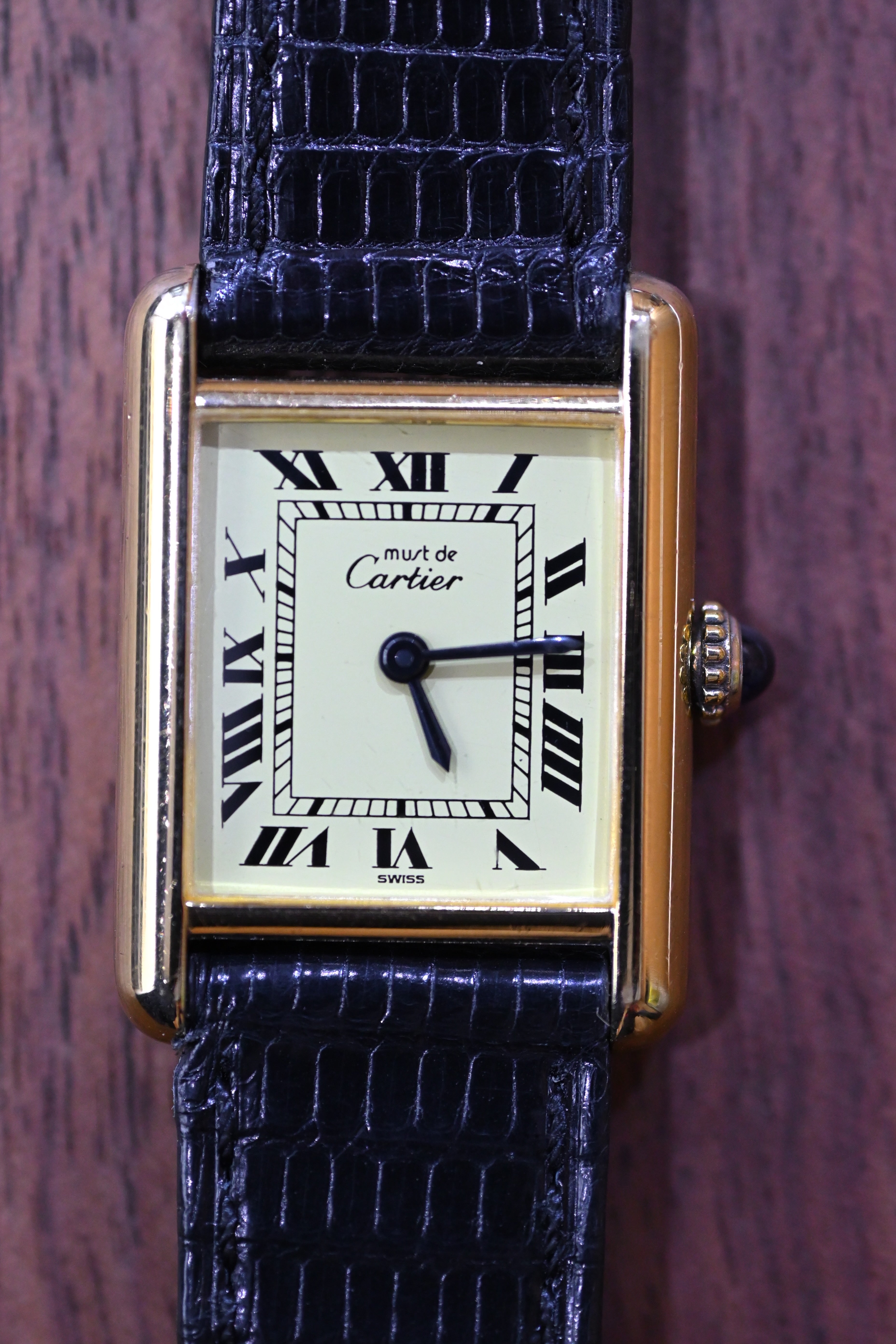 Must de Cartier Tank Vintage Watch Ivory LM Size Quartz Pure Silver with 18K Vermeil
