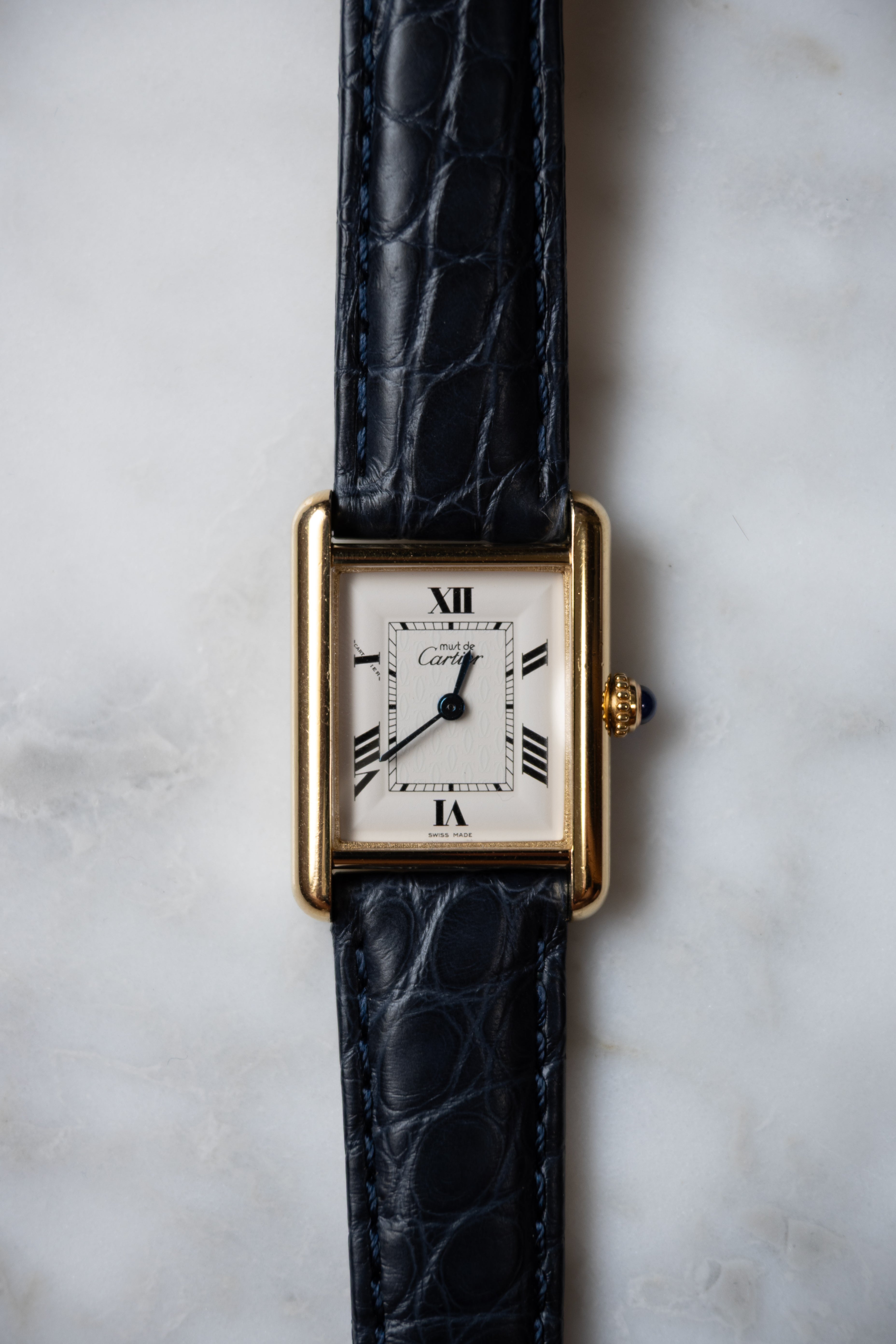 Must de Cartier Tank Ladies Vintage Watch Inner Grey SM Size Pure Silver with 18K Vermeil