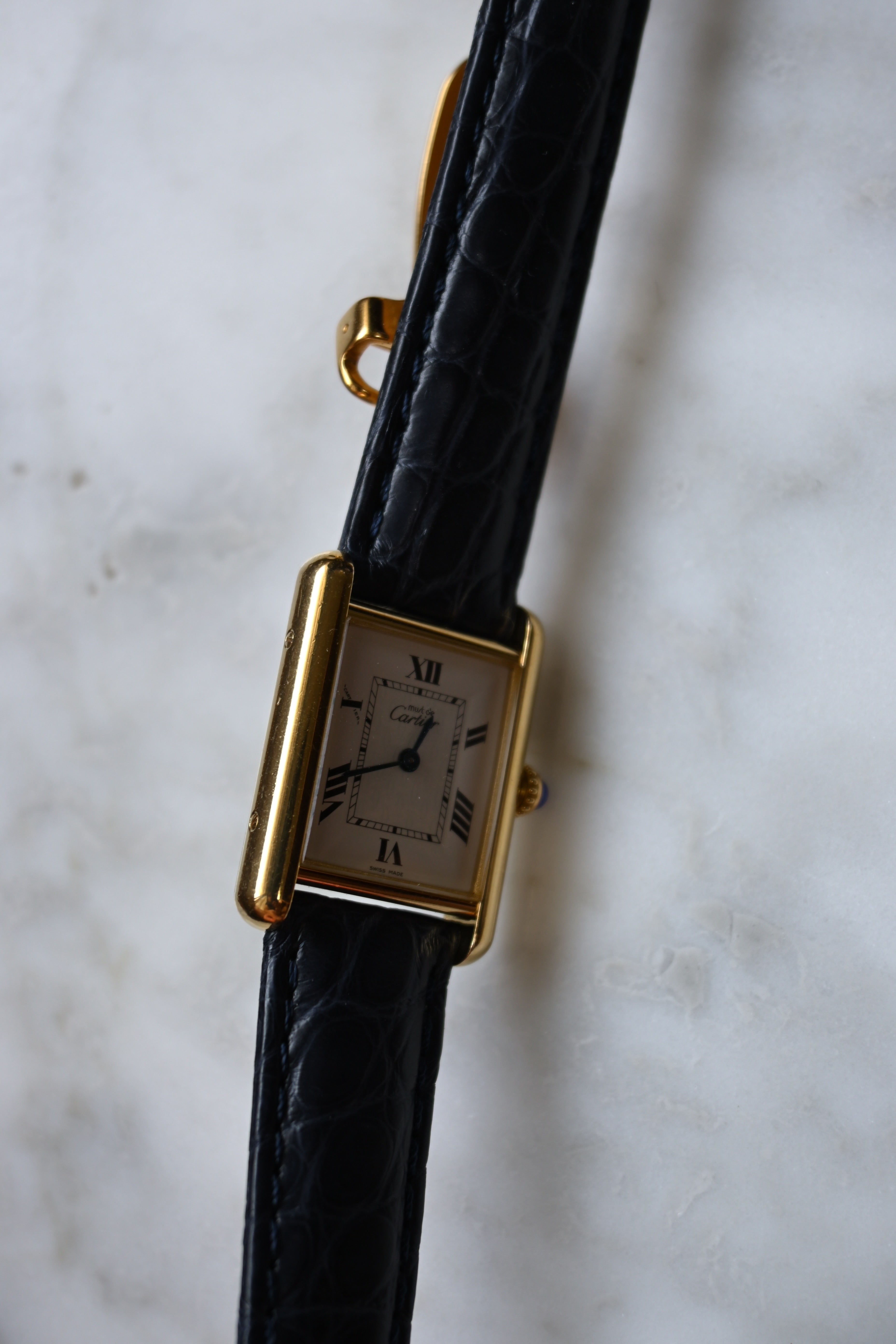 Must de Cartier Tank Ladies Vintage Watch Inner Grey SM Size Pure Silver with 18K Vermeil