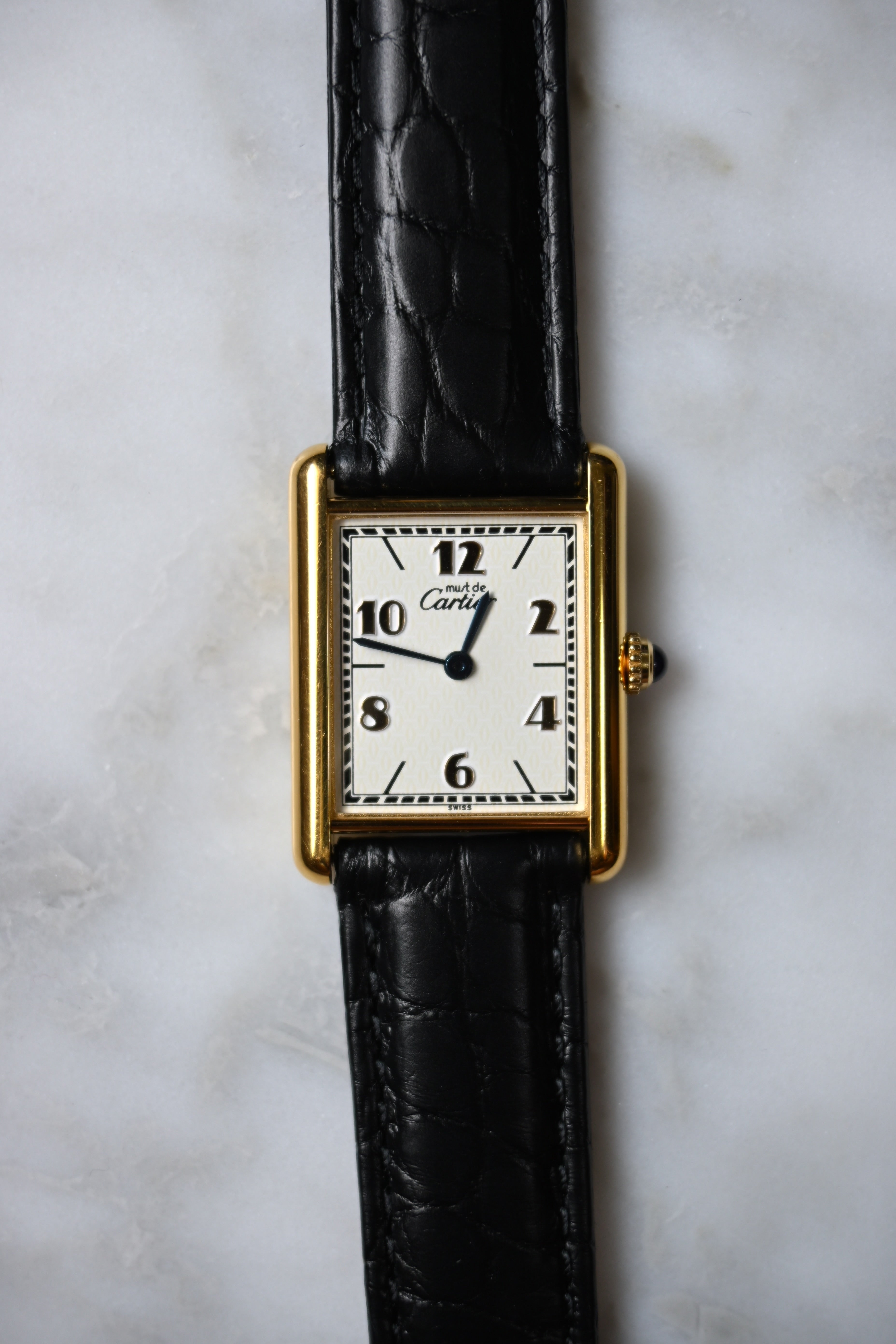 Discontinued Must de Cartier Tank Unisex Vintage Watch Flying Arabia LM Size Pure Silver with 18K Vermeil