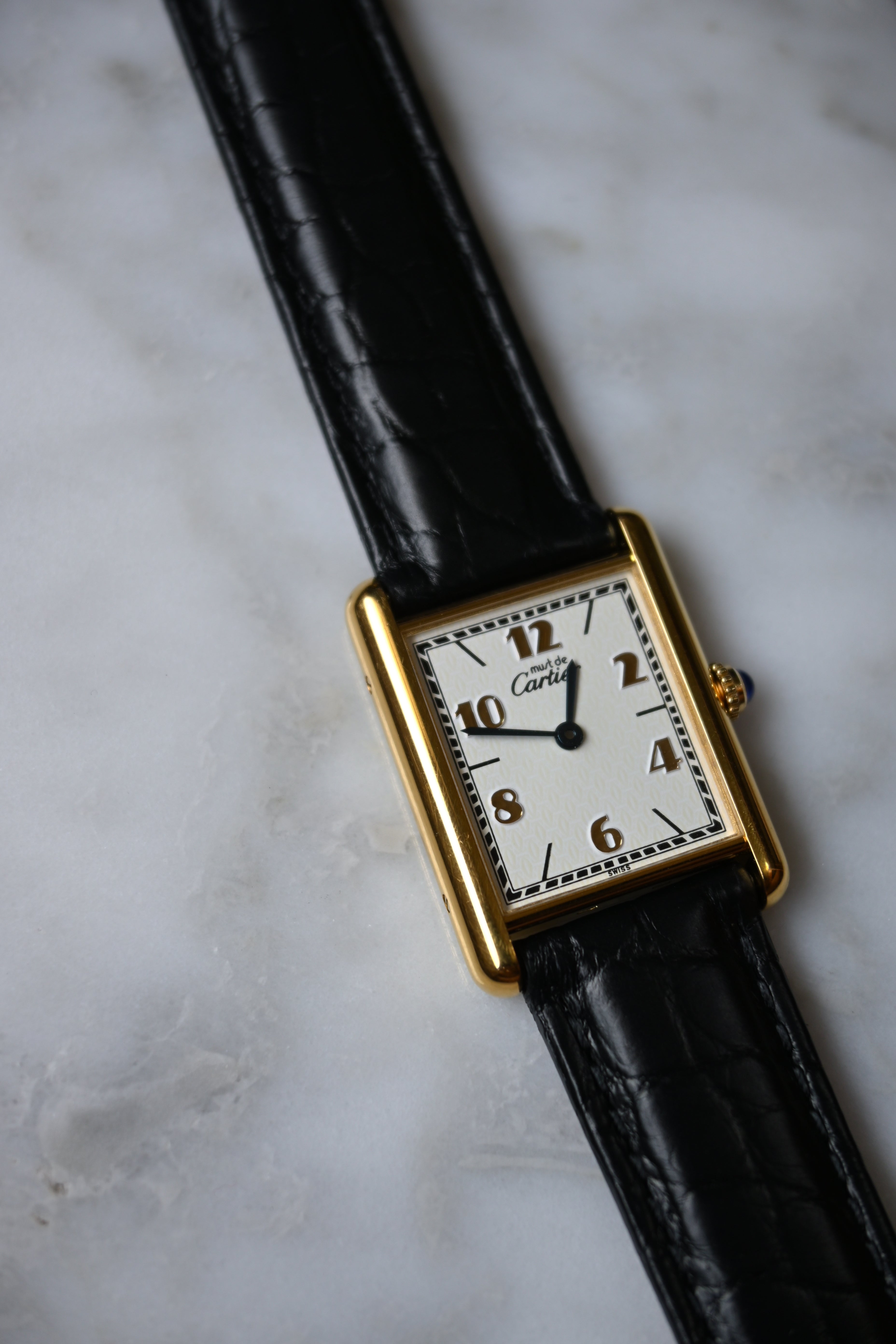 Discontinued Must de Cartier Tank Unisex Vintage Watch Flying Arabia LM Size Pure Silver with 18K Vermeil