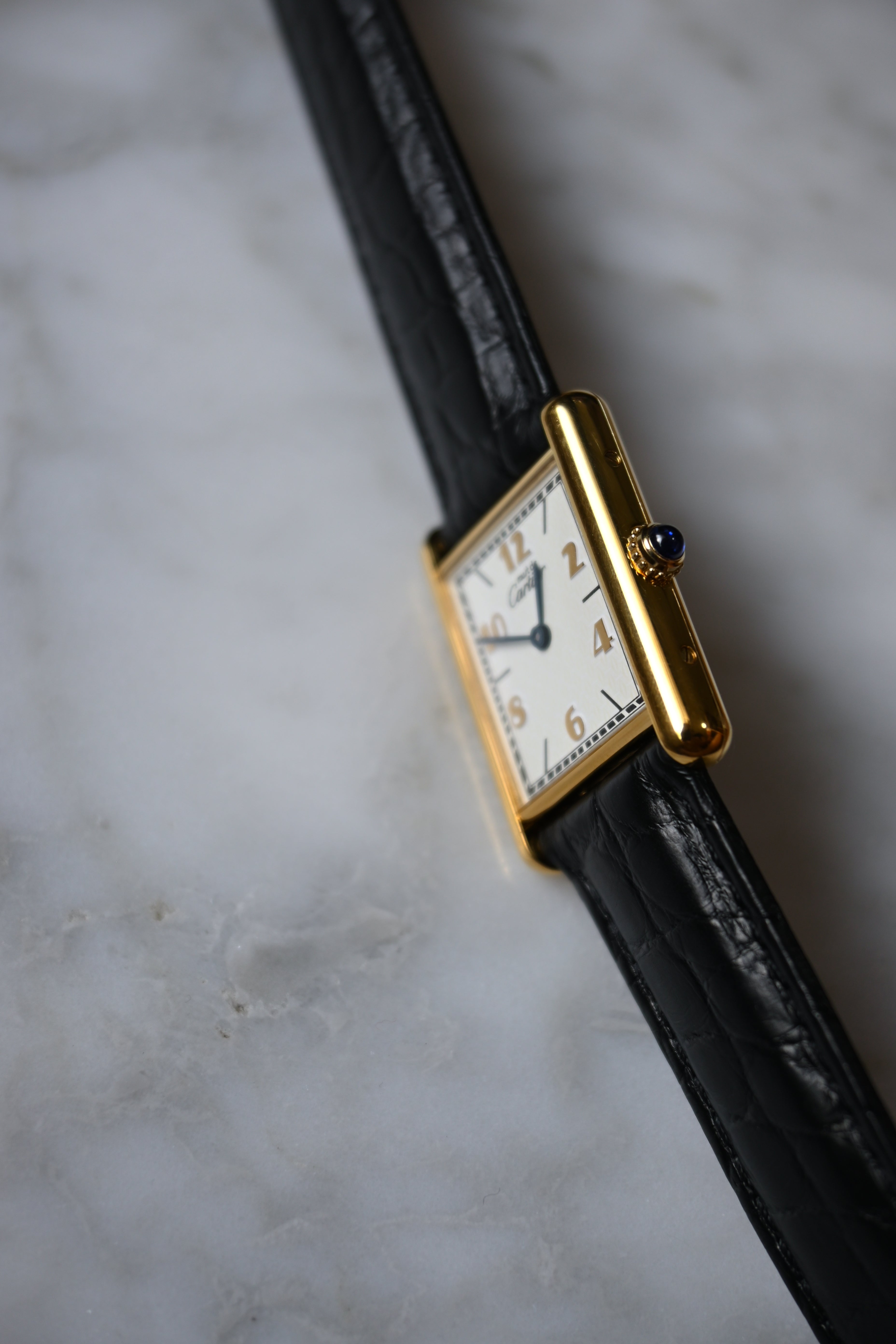 Discontinued Must de Cartier Tank Unisex Vintage Watch Flying Arabia LM Size Pure Silver with 18K Vermeil