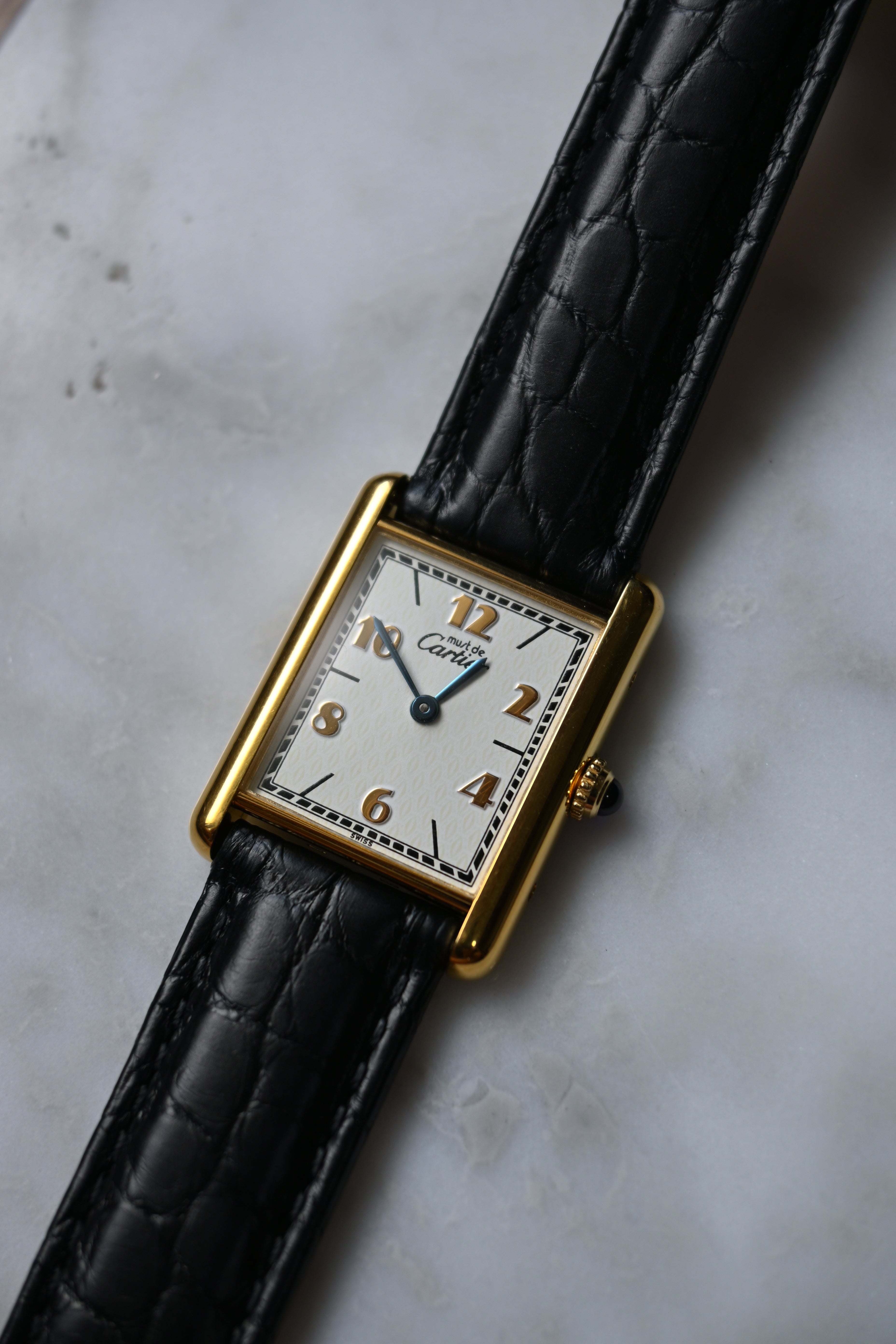 Discontinued Must de Cartier Tank Unisex Vintage Watch Flying Arabia LM Size Pure Silver with 18K Vermeil