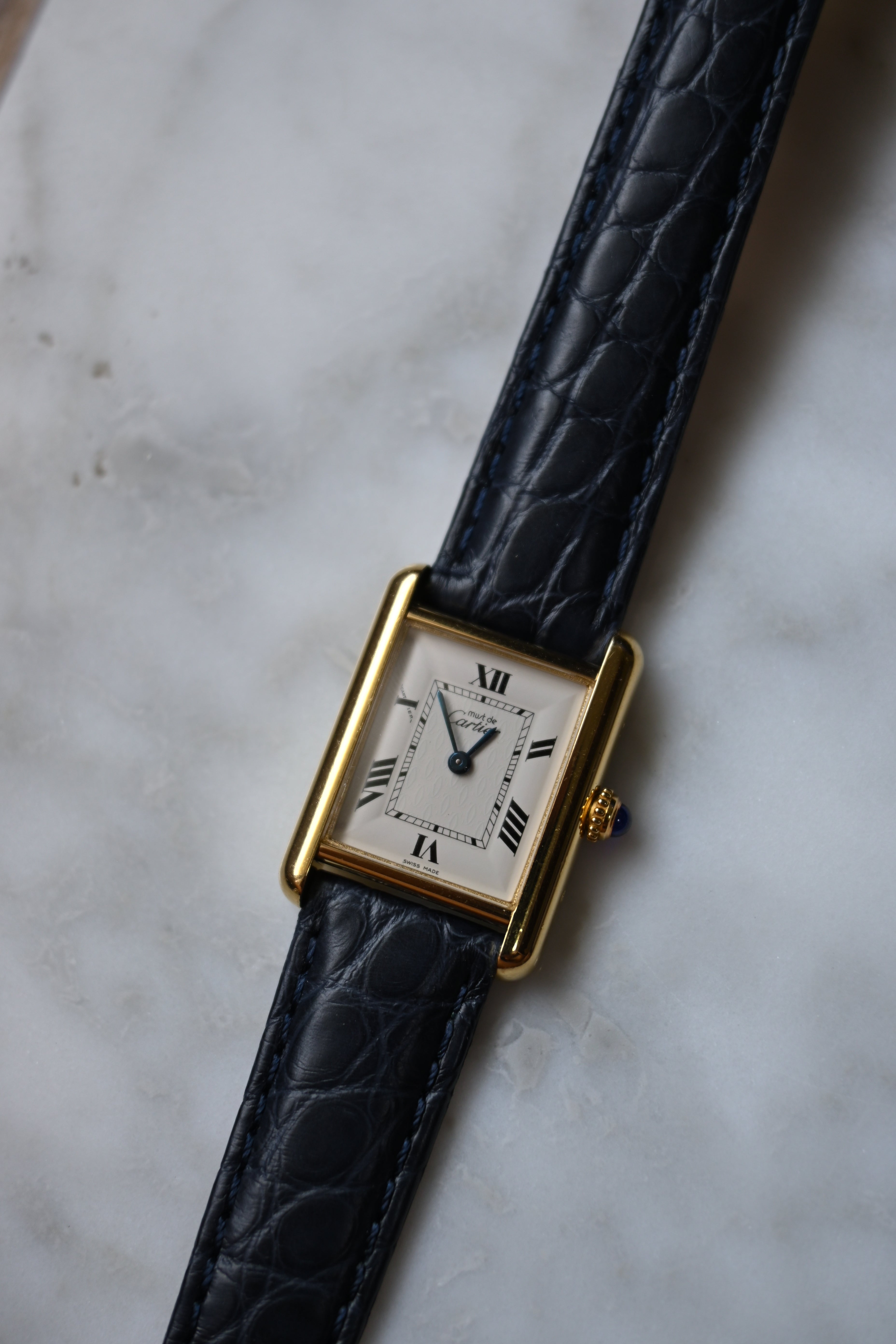Discontinued Must de Cartier Tank Unisex Vintage Watch Flying Arabia LM Size Pure Silver with 18K Vermeil
