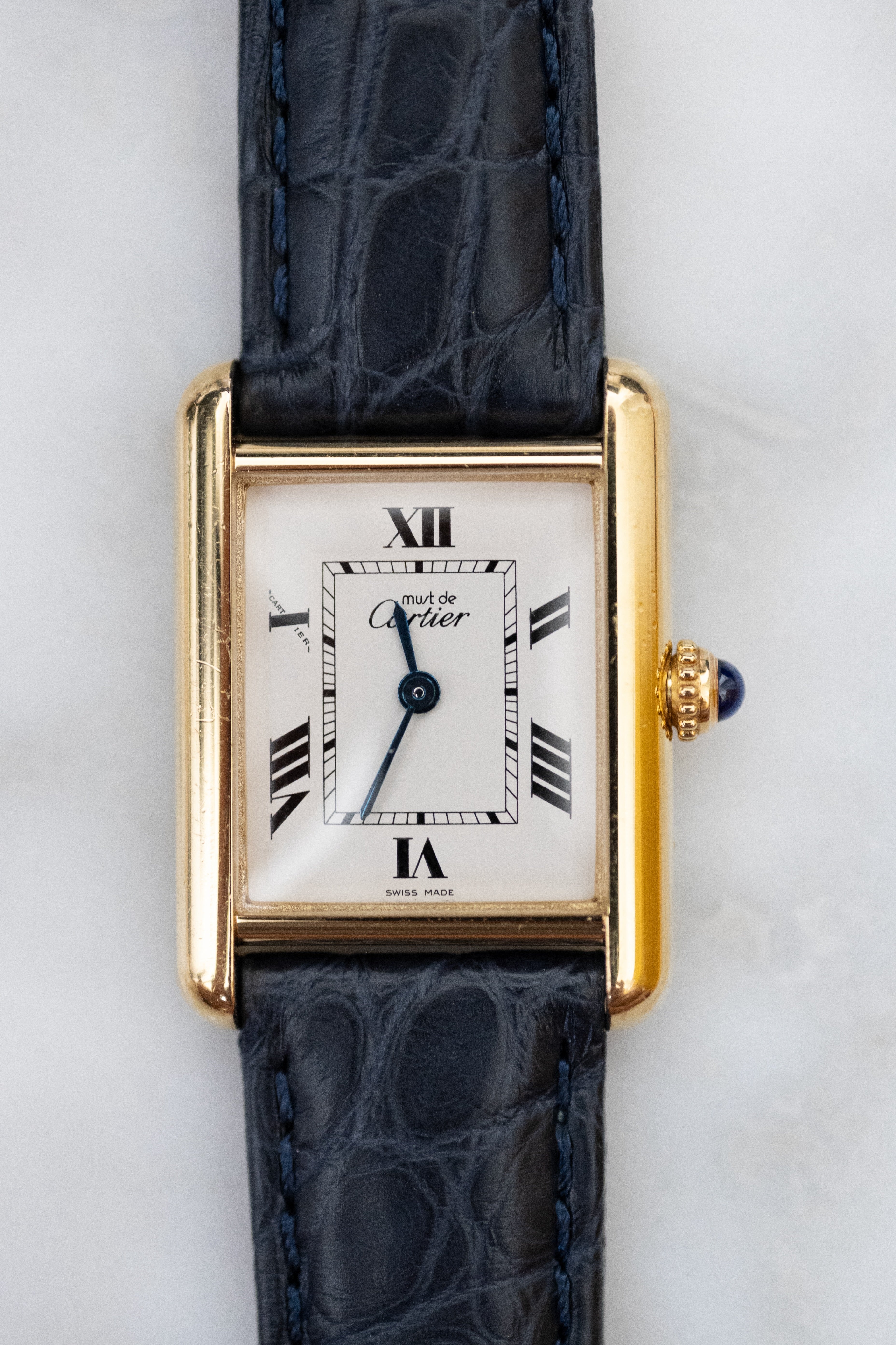Must de Cartier Tank Ladies Vintage Watch Inner Grey SM Size Pure Silver with 18K Vermeil