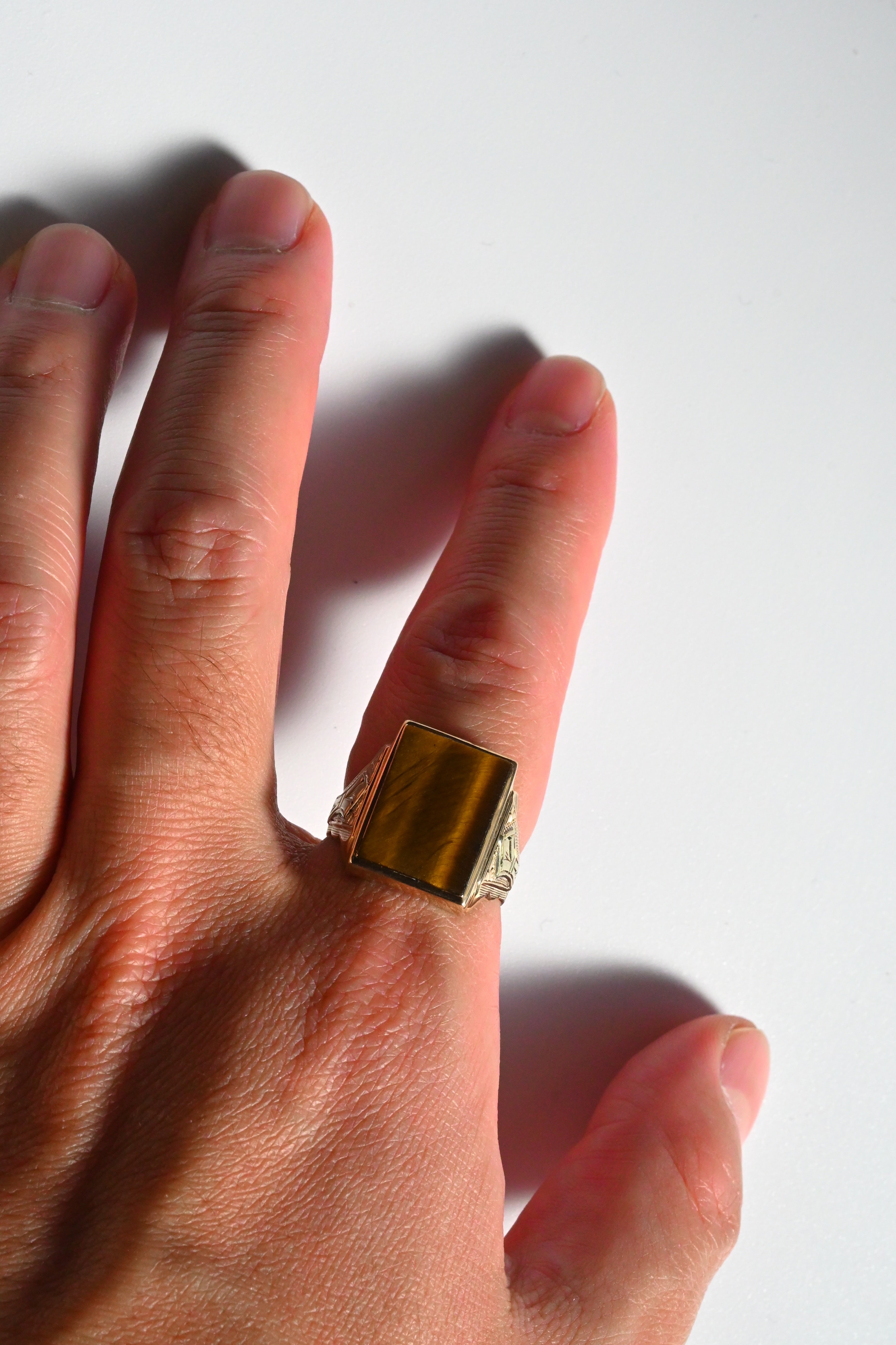 10K 1936年製 タイガーアイ & 2カラーゴールド・リング