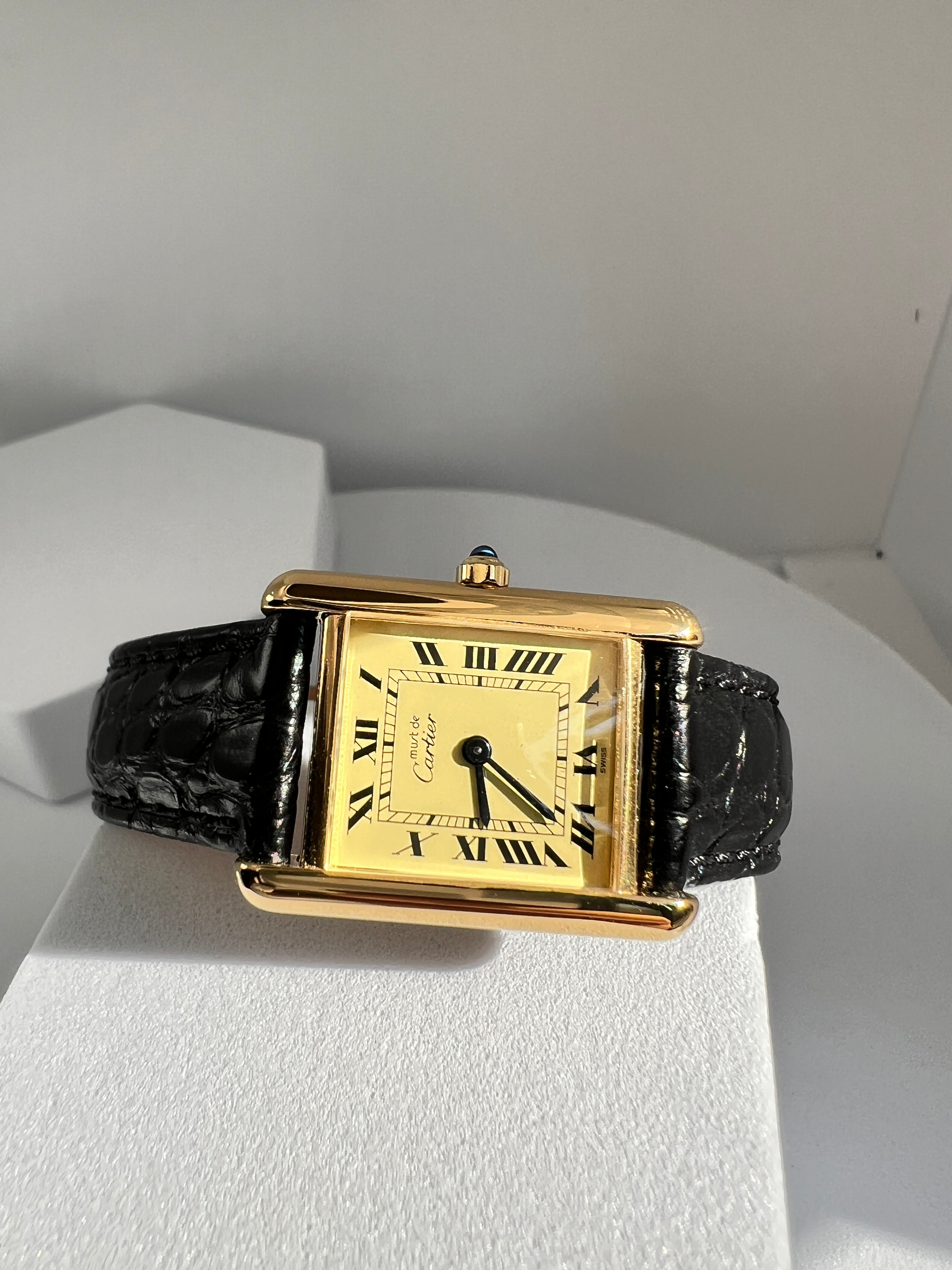Must de Cartier Tank Ladies Vintage Watch Ivory SM Size Quartz Sterling Silver with 18K Vermeil