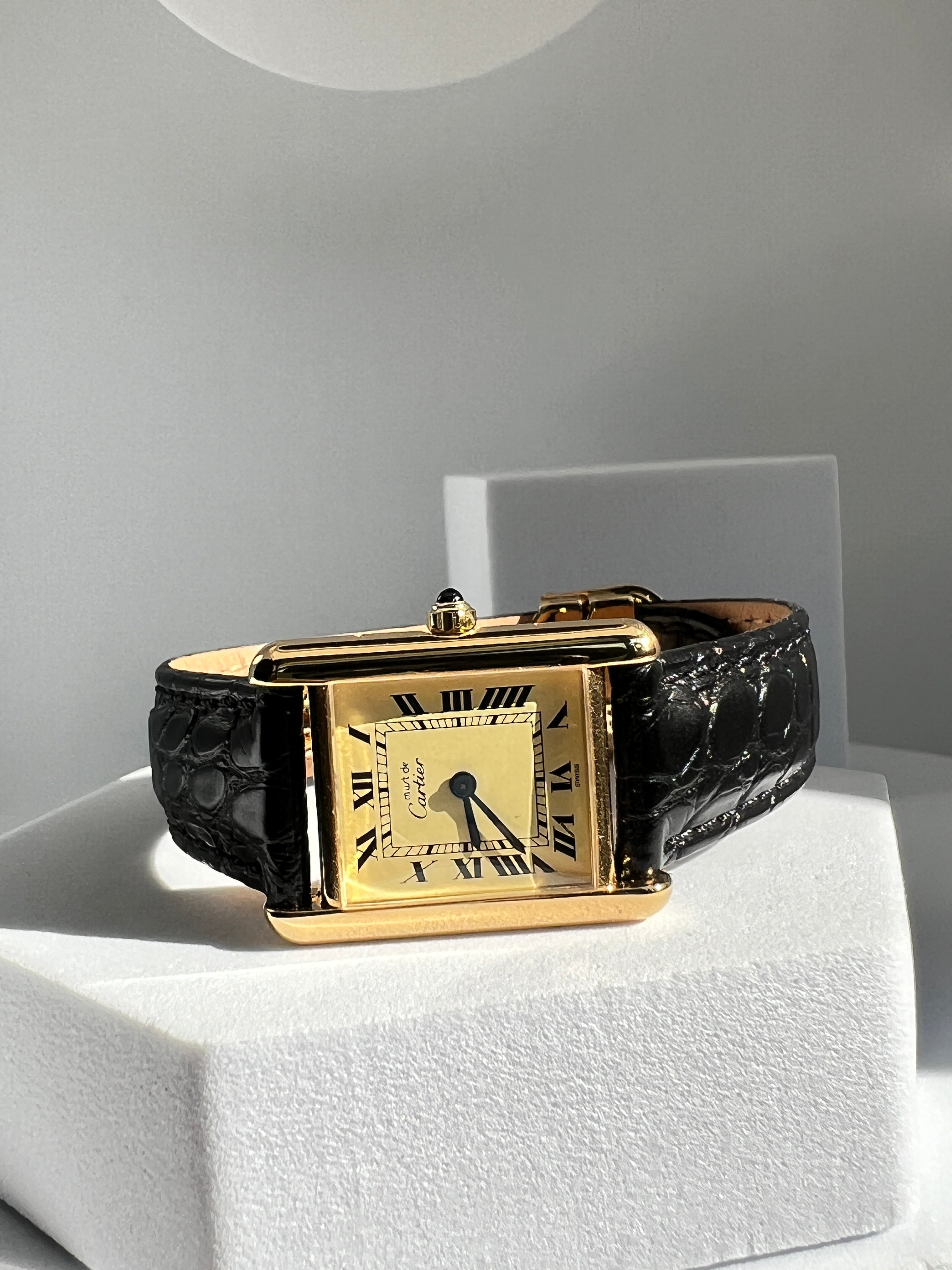 Must de Cartier Tank Ladies Vintage Watch Ivory SM Size Quartz Sterling Silver with 18K Vermeil