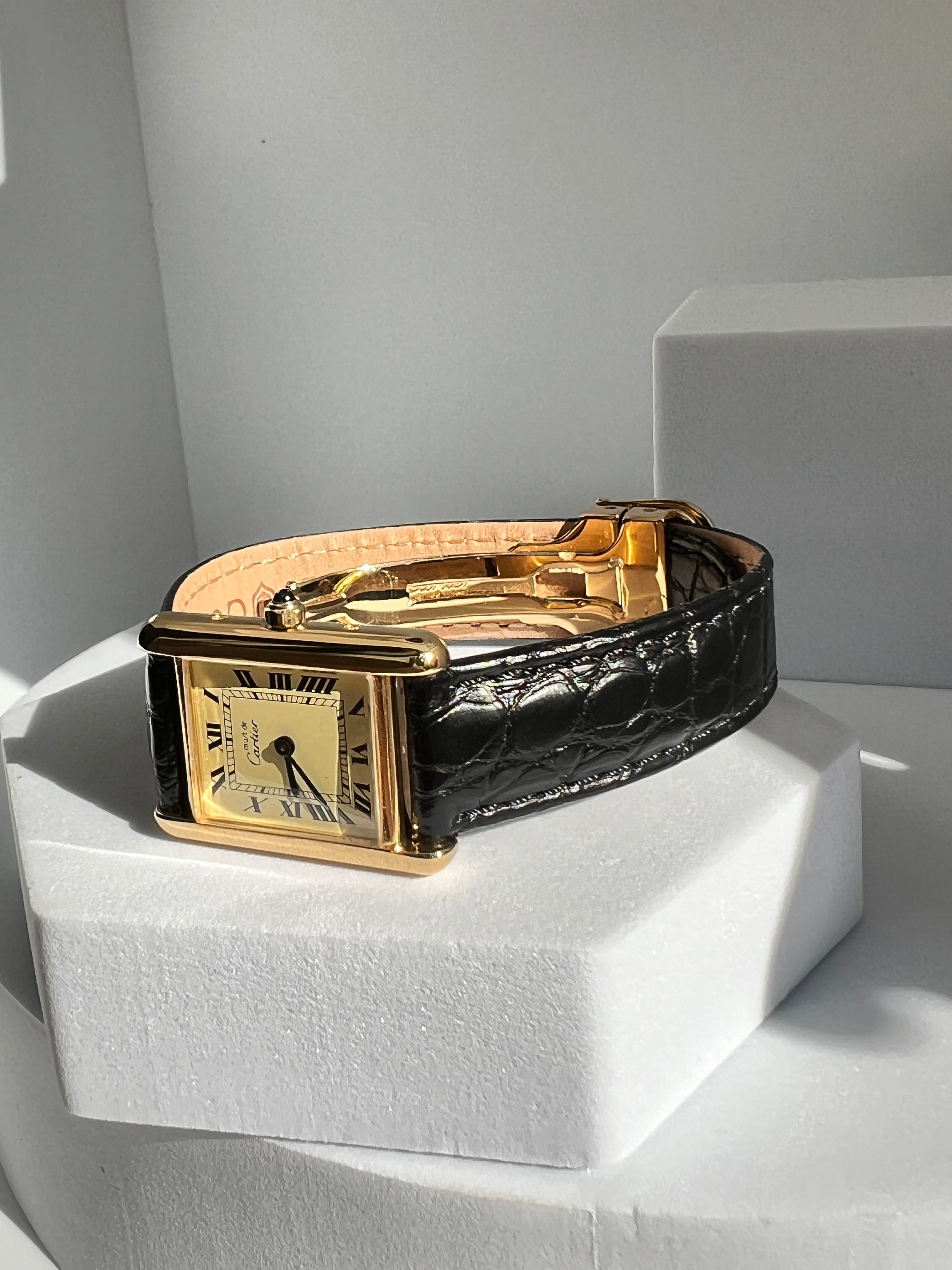 Must de Cartier Tank Ladies Vintage Watch Ivory SM Size Quartz Sterling Silver with 18K Vermeil