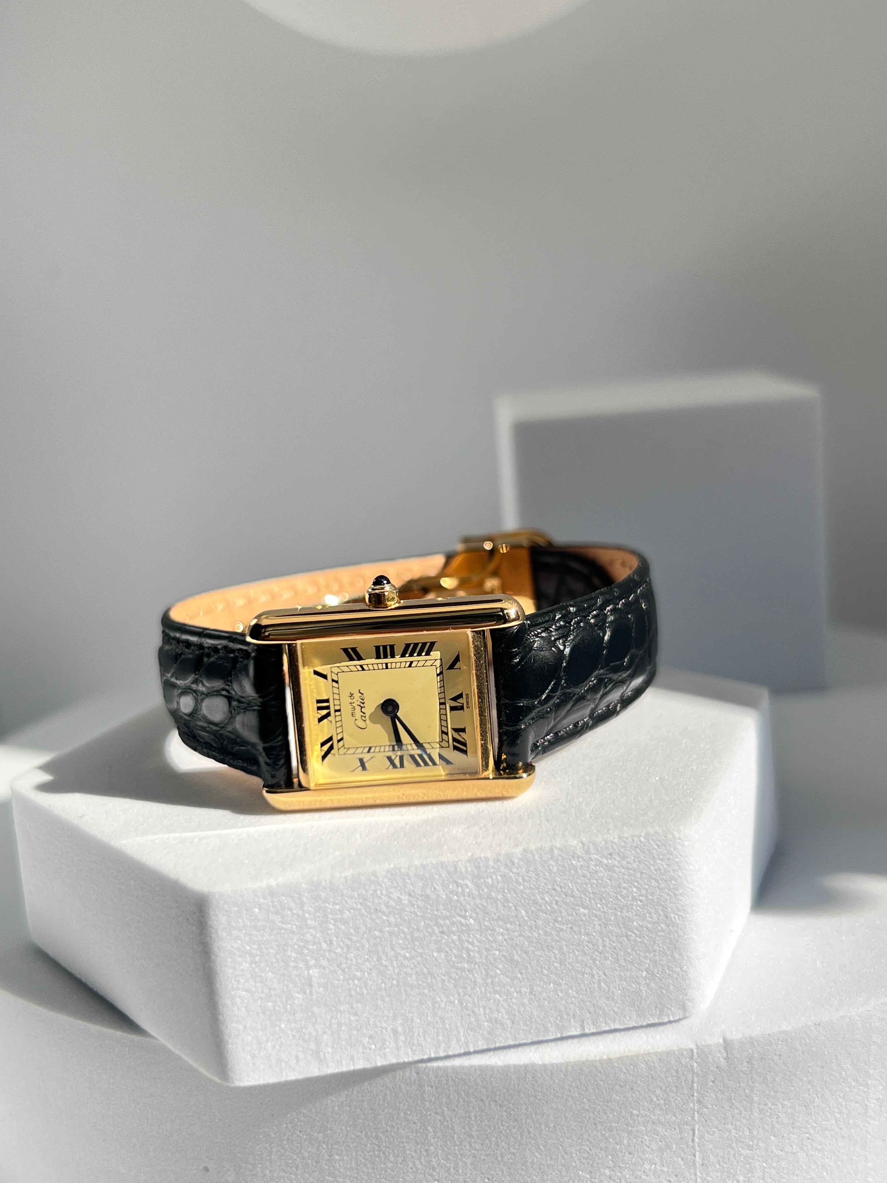 Must de Cartier Tank Ladies Vintage Watch Ivory SM Size Quartz Sterling Silver with 18K Vermeil
