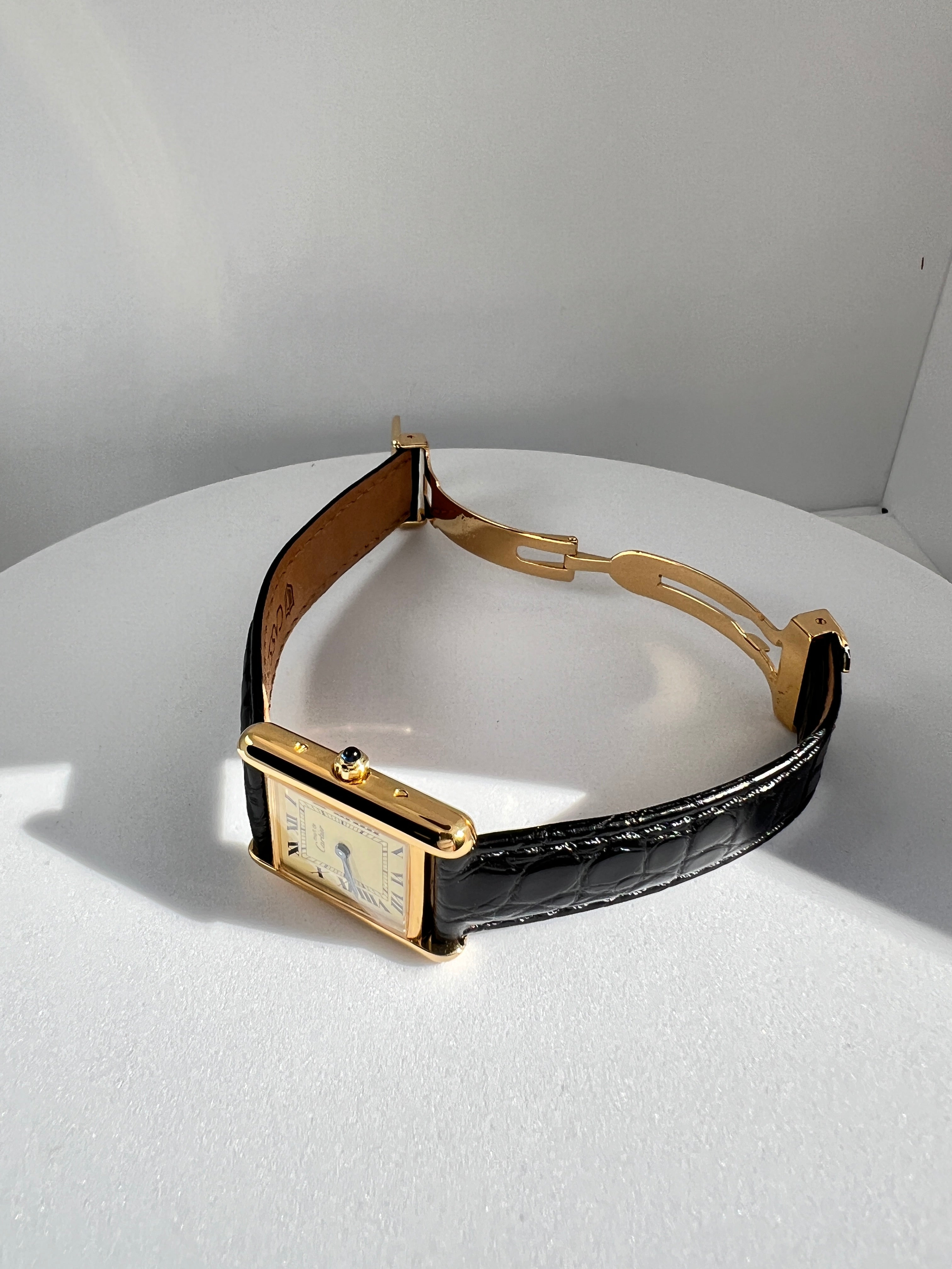 Must de Cartier Tank Ladies Vintage Watch Ivory SM Size Quartz Sterling Silver with 18K Vermeil