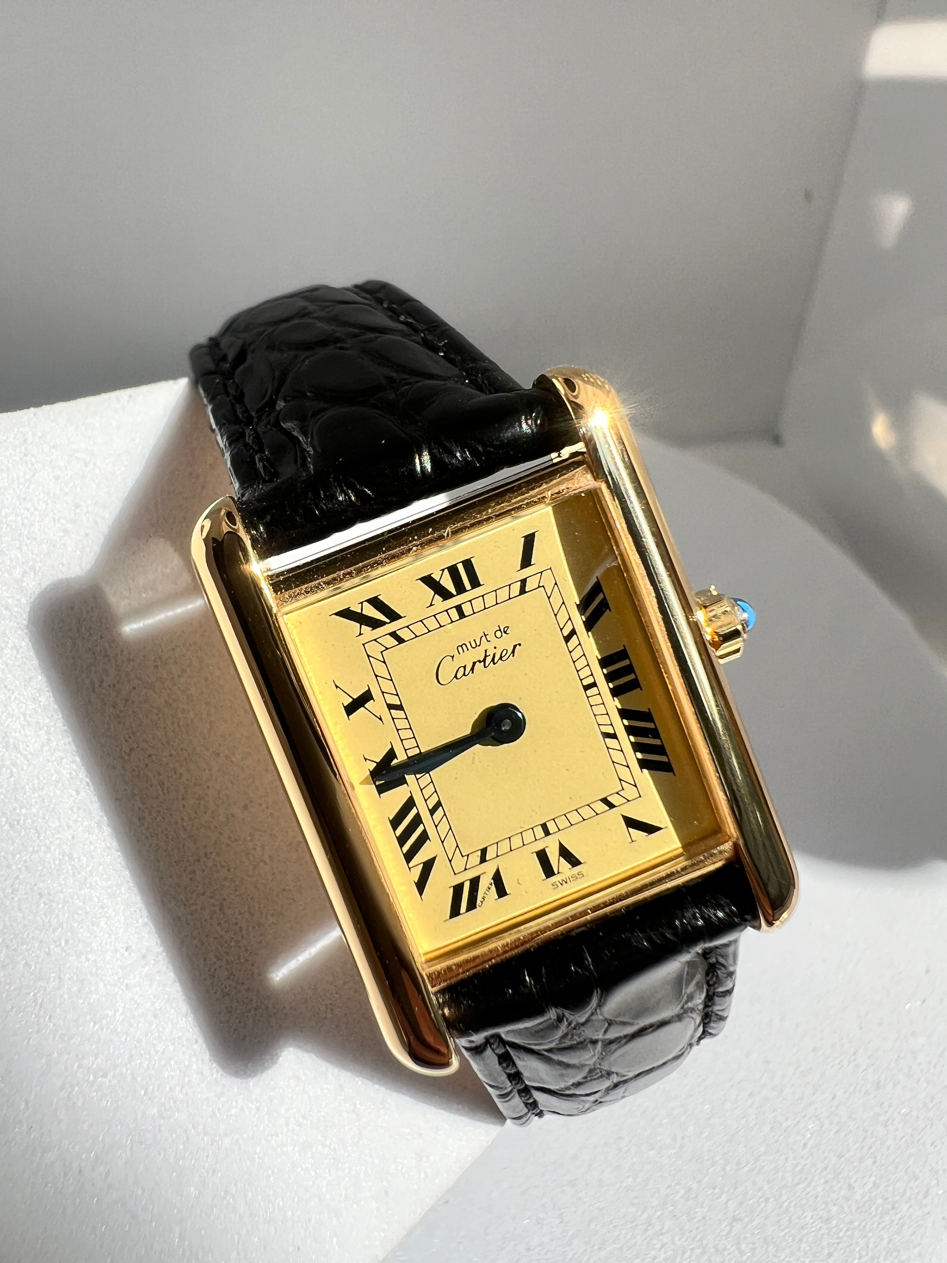 Must de Cartier Tank Ladies Vintage Watch Ivory SM Size Quartz Sterling Silver with 18K Vermeil