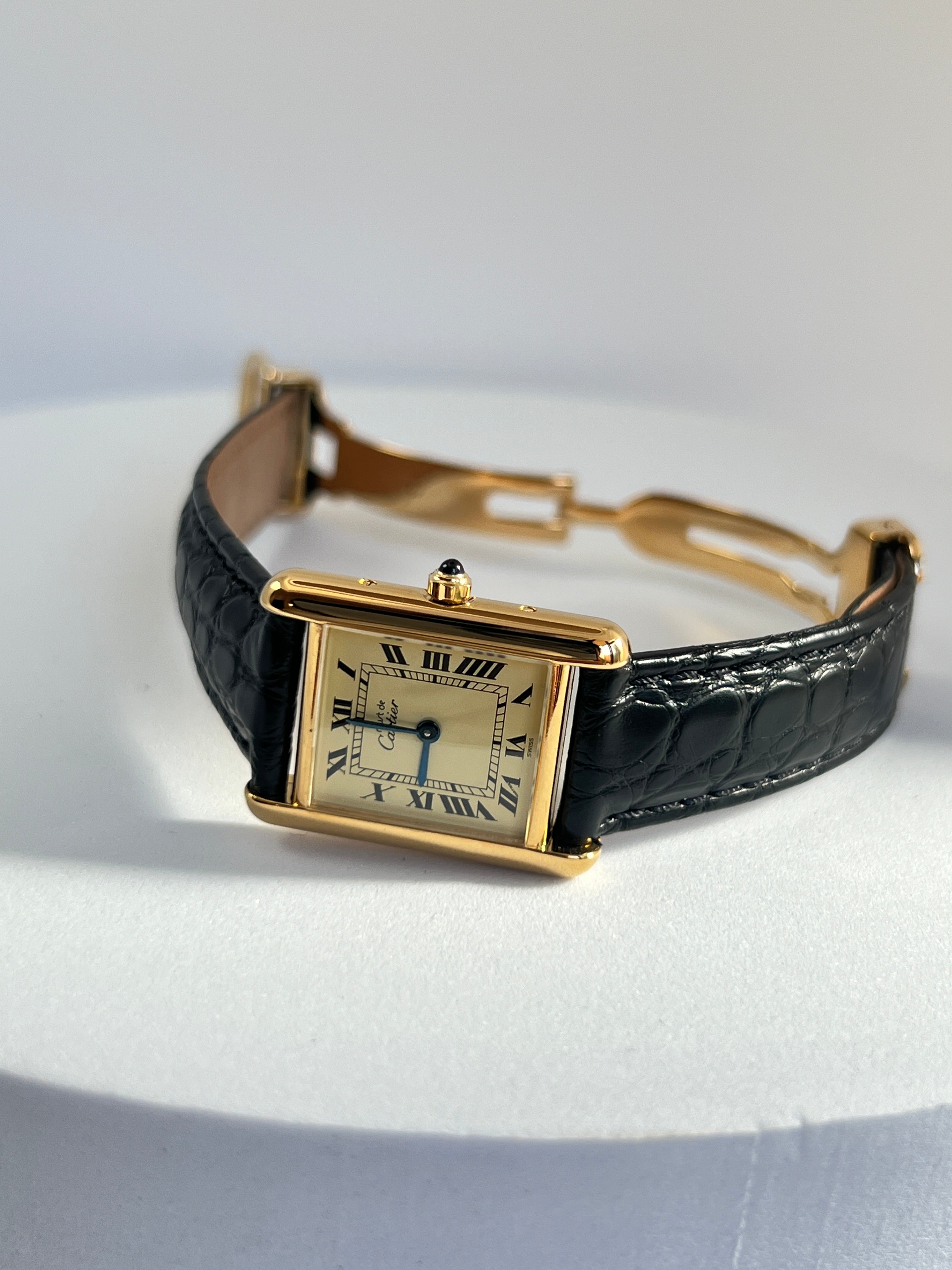 Must de Cartier Tank Ladies Vintage Watch Ivory SM Size Quartz Sterling Silver with 18K Vermeil