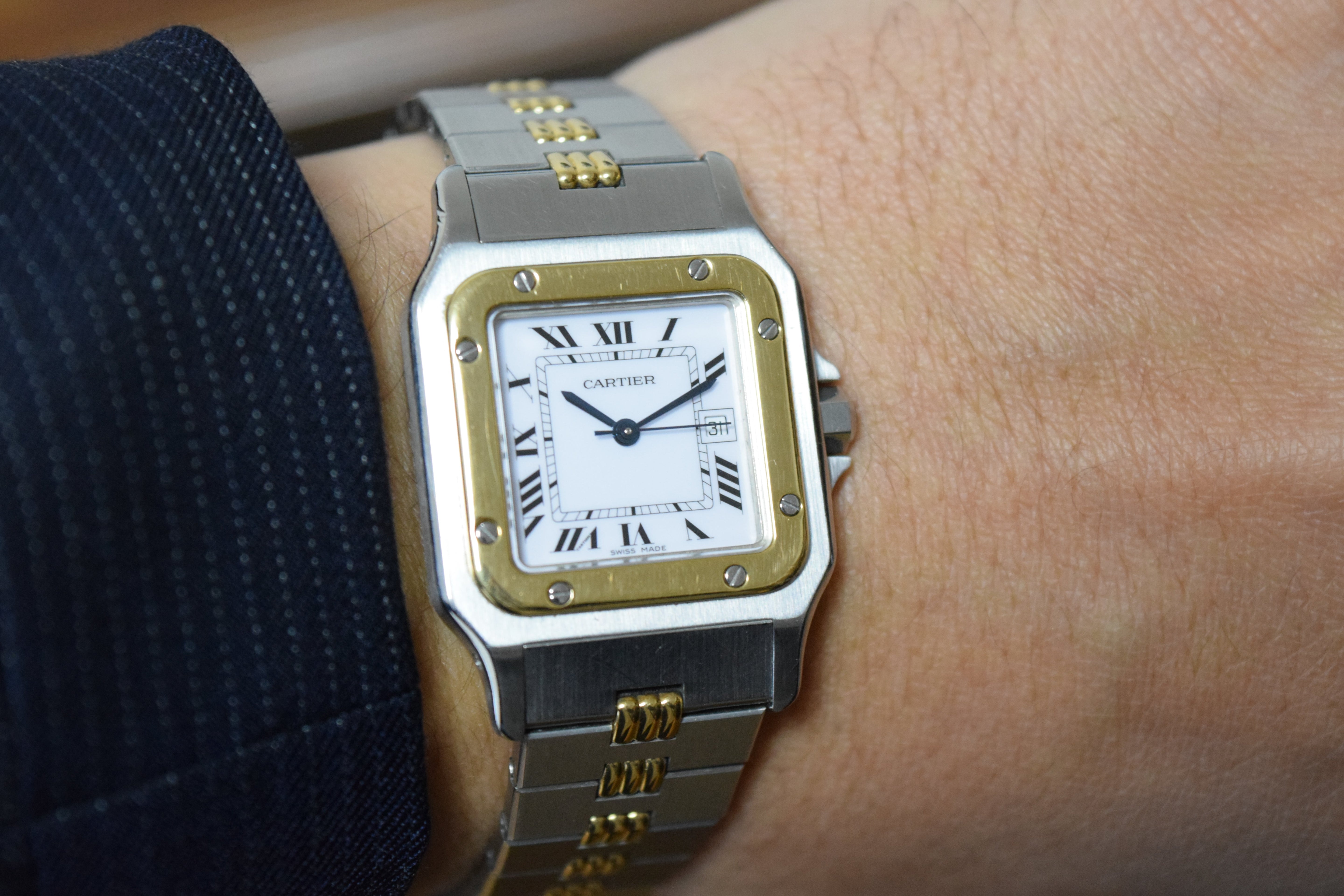 "International Warranty Included" Cartier Santos Galbe LM Size Godron Bracelet Stainless Steel x Gold Combination Automatic Model Ref.2961